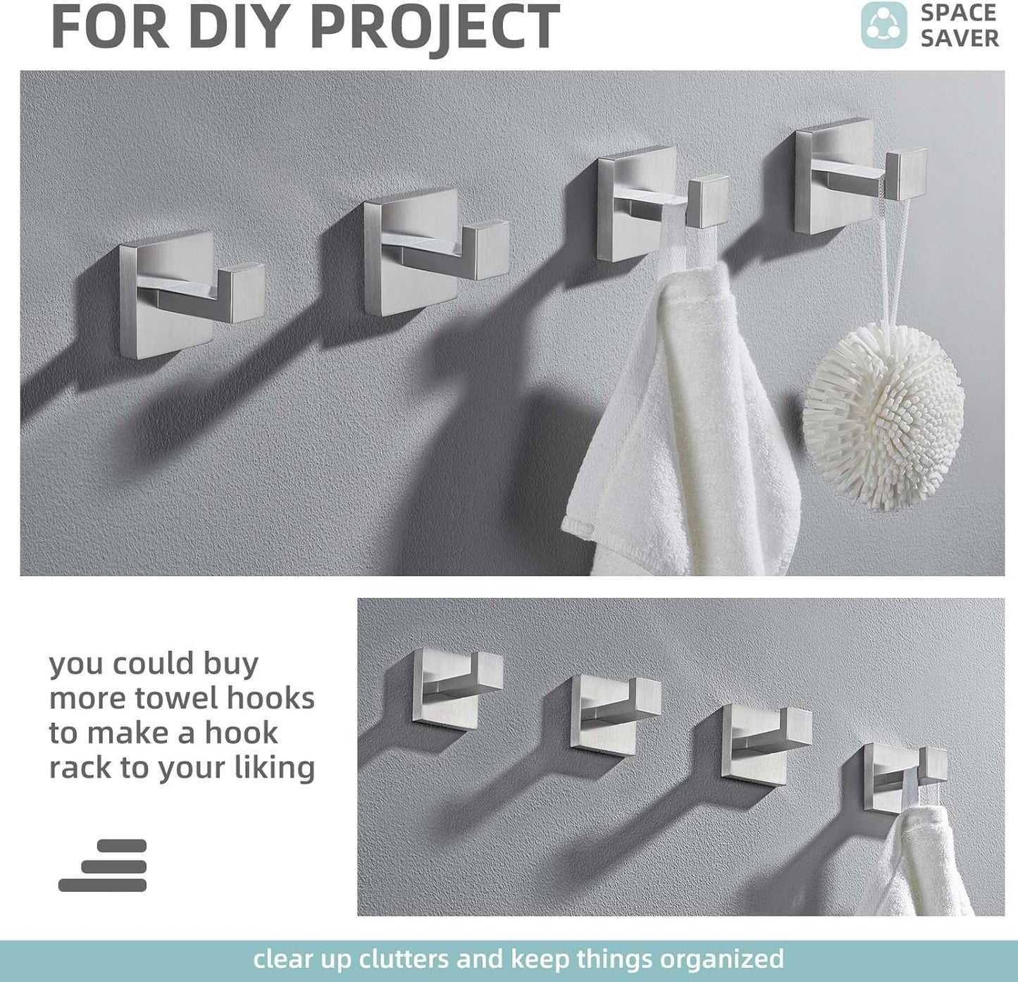 Angle Simple Towel Hooks for Bathroom, SUS 304 Stainless Steel Robe Coat Hooks for Wall, Brushed Nickel, 2 Pack