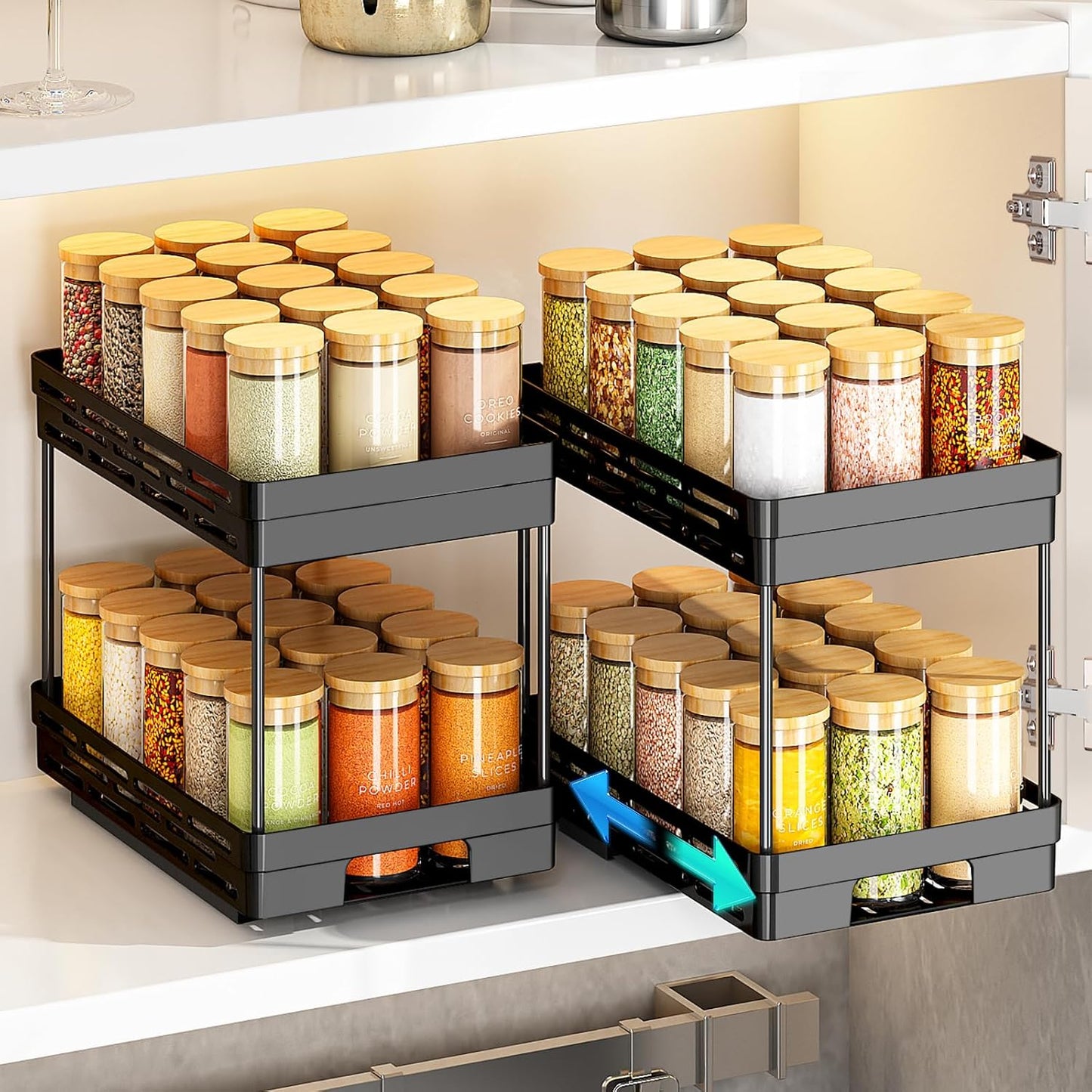 Pull Out Spice Rack Organizer for Cabinet, 2 Pack Widen Slide Out Spice Racks Organizer, Spice Cabinet Organizers, Cabinet Size Need:12'' Highx11'' Deepx6.75'' Wide,Hold 15 Spice Jar Each Tier-2Tier