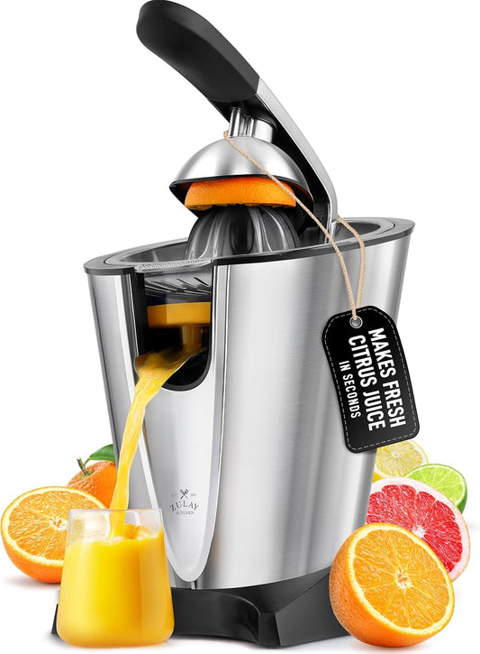Zulay Electric Citrus Juicer - Makes Fresh Orange, Lemon, Grapefuit, Lime - Stainless Steel, 160W Quiet Powerful Motor, Interchangeable Cones - Filters Out Seeds & Pulp - Dishwasher-Safe Parts - Black