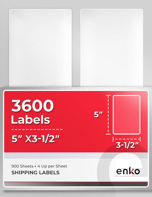 enKo - 3-1/2 x 5 Inch Label - White Blank - 4 Up Per Sheet Shipping Address Mailing Labels for Laser Inkjet Printer (900 Sheets, 3600 Labels)