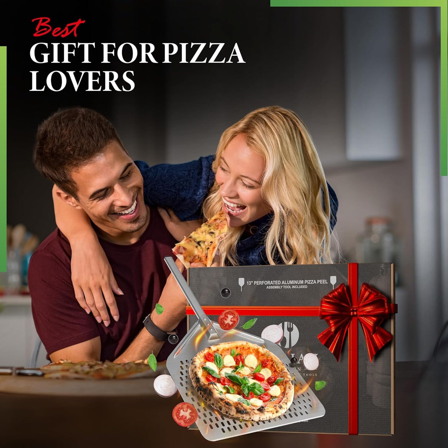 Perforated Pizza Peel 13"W x 16.7"L - Professional Restaurant Grade Large Metal Pizza Peel - 27.3" Long Handle Aluminum Turning Peel - Commercial Pizza Paddle