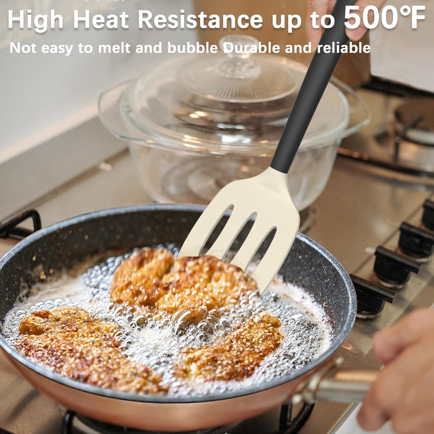 Coukre Silicone Spatula Set of 3, High Heat Resistant, BPA-Free, Kitchen Utensils, Fish Spatula, Solid & Slotted Turner for Non-Stick Pans, Flipping Eggs, Pancakes, Fish, Burgers (3, Beige)