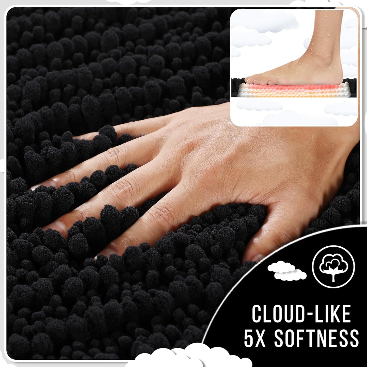 Yimobra Bathroom Runner Rug 70x24 Inch - Extra Long Non Slip Chenille Bath Mat, Soft & Absorbent, Machine Washable Shaggy Hallway Carpet for Vanity Tub Shower, Black Home Decor Accessories