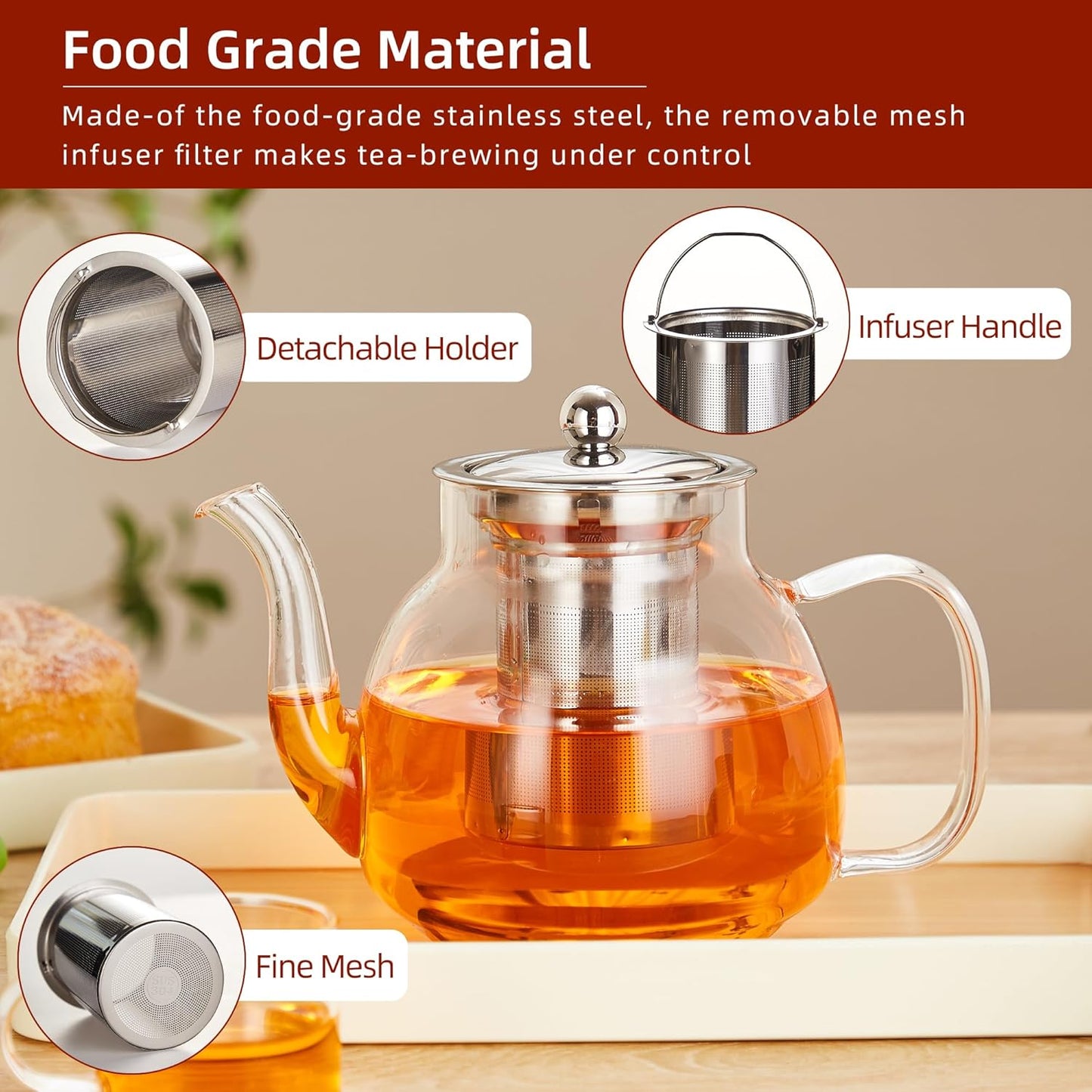 Glass Teapot with Removable Infuser - 37oz/1100ml Borosilicate Glass, Stovetop & Microwave Safe for Blooming & Loose Leaf Tea, Handmade Tea Maker Gift