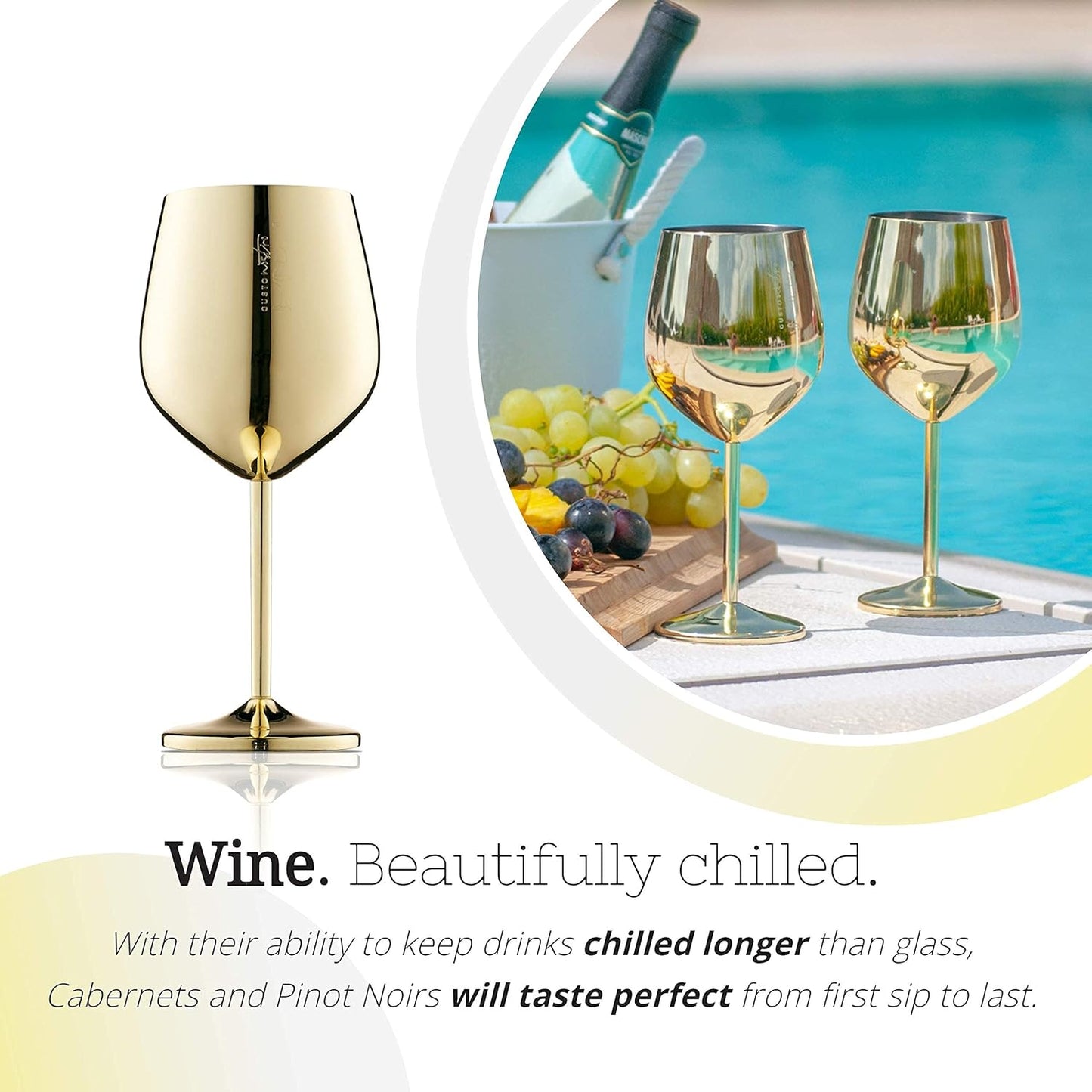Gusto Nostro Stainless Steel Wine Glass - 18 oz Unbreakable Gold Wine Glasses for Travel, Camping and Pool - Fancy, Unique and Cute Portable Metal Wine Glass for Outdoor Events, Picnics (Set of 2)