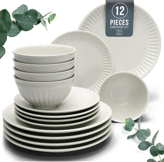 Stoneware Dinnerware Set for 4 People HYGGE 12-Piece - Elegant Scandi Design - Premium Dish Set - Bowl and Plate Set - Tableware for 4 People in a Ribbed Design - Pure Living in Beige