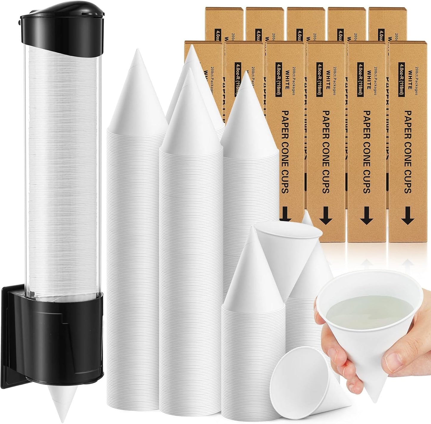 Roshtia 2200 Pcs 4 oz Paper Cone Cups Thicken Disposable with 1 Cups Dispenser Pull Type Wall Mount Cup Holder Paper for Restaurants, Home, and Office, and Shaved Ice, Cold (Black)