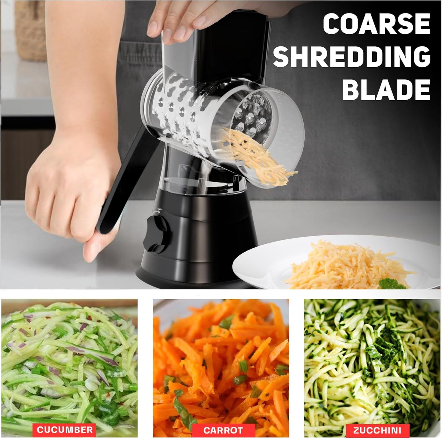Rotary Cheese Grater Hand Crank - Counter Top 3 Blade Manual Cheese Shredder with Reinforced Suction, 3 Interchangeable Drums, Easy to Use Vegetable Chopper, Round Mandoline Slicer, Black