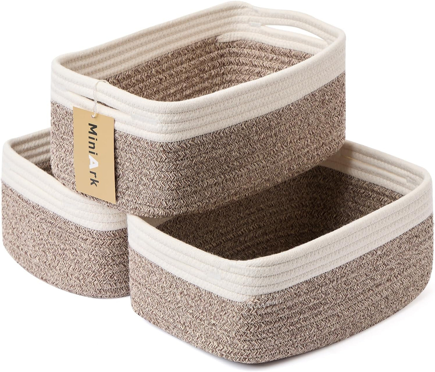 Small Storage Baskets for Organizing | Closet Organizer Bins | Shelf Toy Basket | Woven Rope Baskets | Cube Decorative Box | Shallow Basket | 13x8.5x5.1” | 3 Packs White Brown
