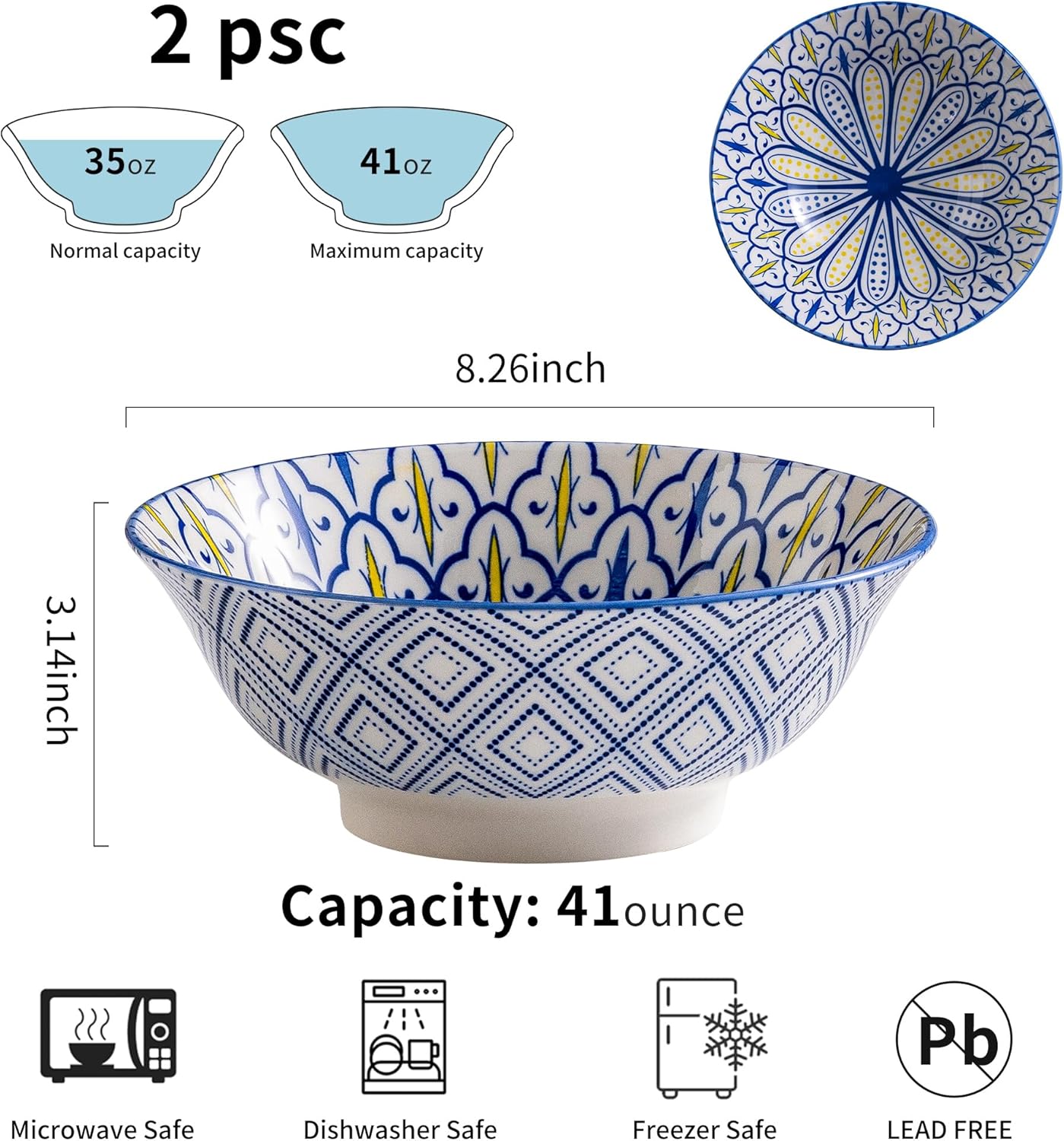 Ceramic Serving Bowls 8 Inch Set of 2, Large Bowls for Pasta Soup Fruit Ramen Cereal, Dinner, Salad, Oatmeal, Microwave & Dishware Safe, Colorful Bohemian Style