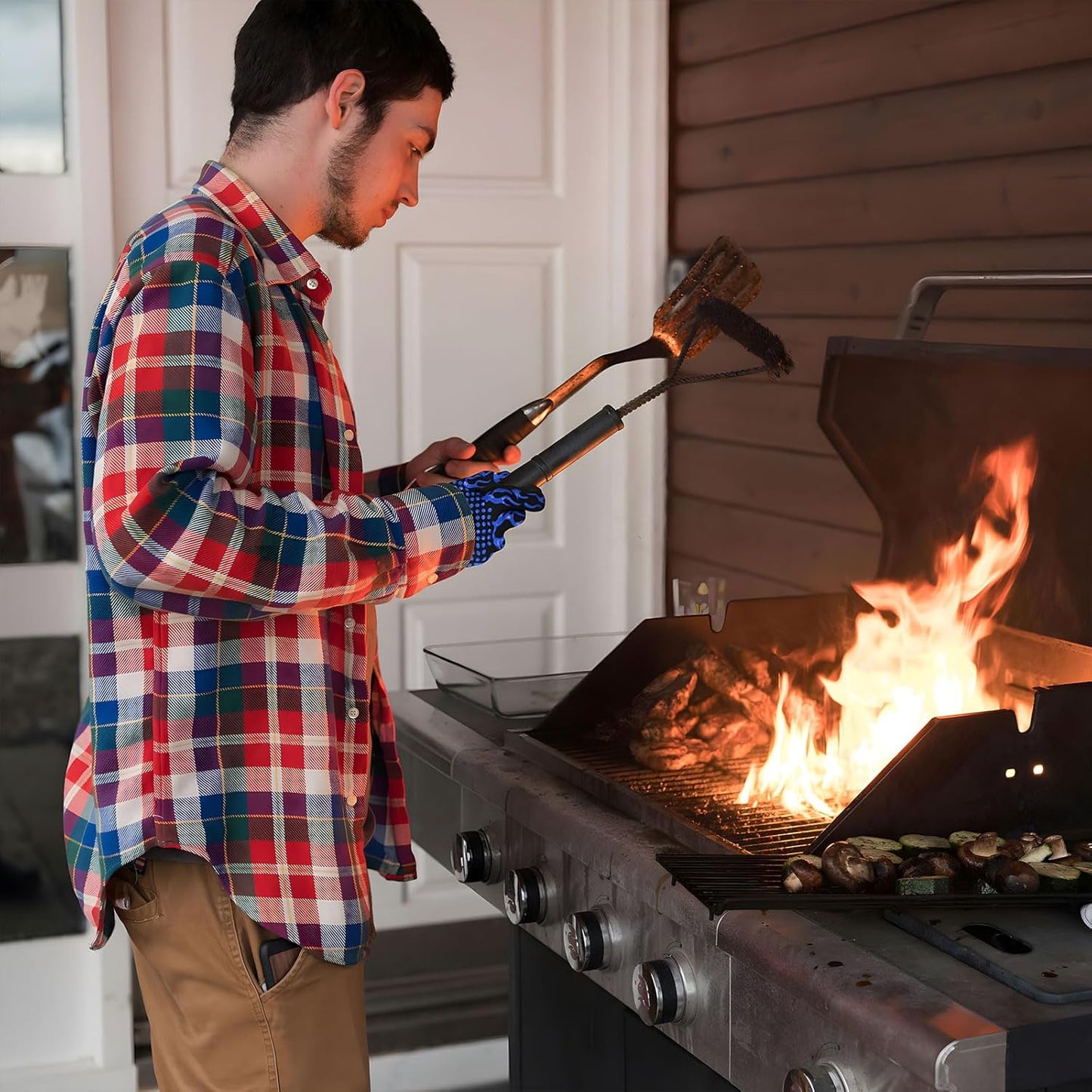 1 Pair Grill Oven Mitts, 1472°F Heat Resistant BBQ Gloves for Cooking, Non-Slip Silicone Oven Gloves, Barbecue Grill Gloves BBQ Mitts (Blue-Flame Pattern)