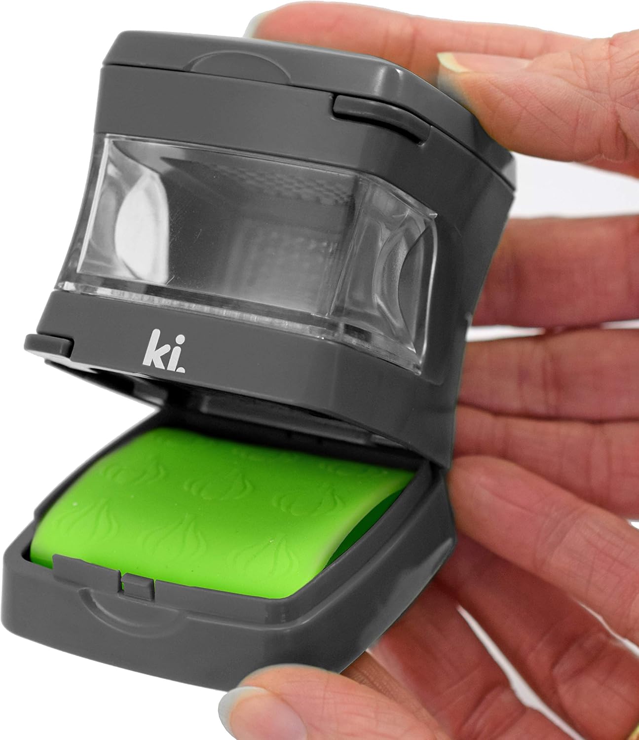 Garlic-A-Peel Garlic Press, Crusher, Cutter, Mincer, and Storage Container - Includes Silicone Garlic Peeler - Easy to Clean - Stainless Steel Blades – (Grey), standard