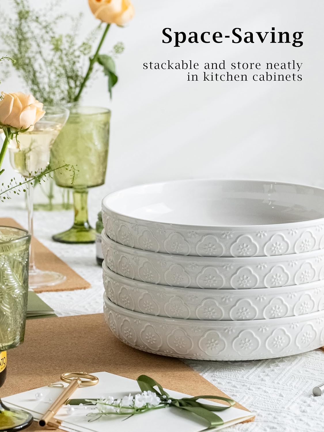 YHOSSEUN 9.75" Pasta Bowls Set of 4, 50 OZ Large Salad Serving Bowls, Ceramic Pasta Plate Bowls, White Soup Bowl, Microwavable Dinner Bowls for Kitchen, Embossed Sunflower