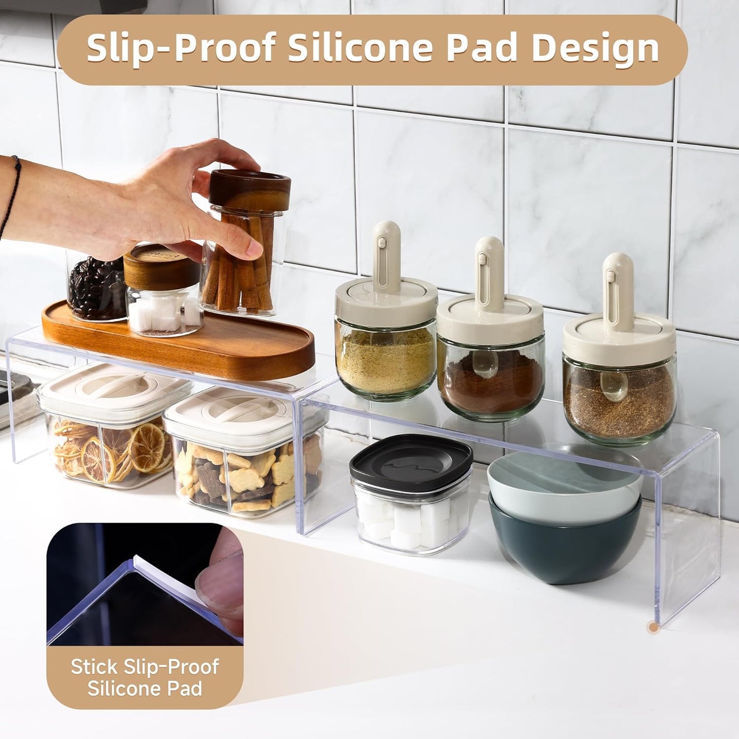 4 Packs Cabinet Organizer Shelf, Acrylic Kitchen Counter Shelves Organizer, Spice Rack for Dishes, Spices, Soda Cans and Bottles（12.4 x 4 x 4.6 inch）