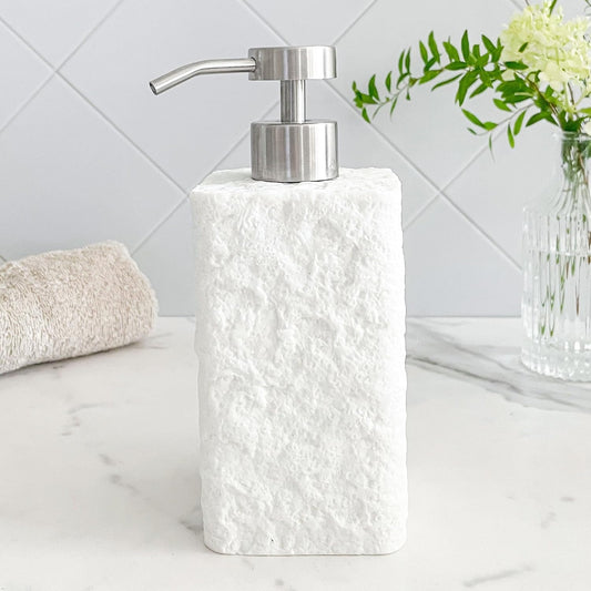 Lunestella White Textured Soap Dispenser with Stainless Steel Pump, Natural Stone Finish for Modern Farmhouse Bathroom, 12oz