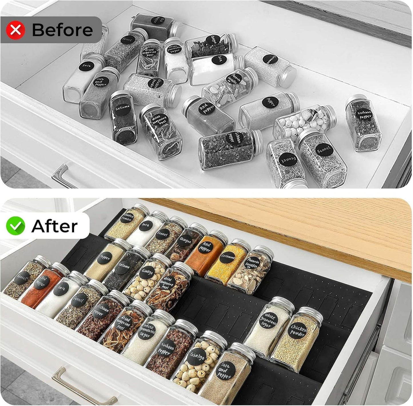 Famhap Spice Drawer Organizer, 6 Pack Drawer Seasoning Organizer Expandable from 11.6" to 23.2" Seasoning Rack Tray Insert for Kitchen Drawers, Spice Rack Tray for Drawer/Countertop (Black)