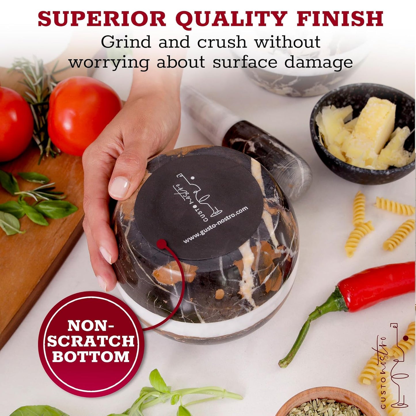 Gusto Nostro Natural Marble Mortar and Pestle Set Small| 4 Inch - 1.5 Cup | Mini Mortar Pestle Set for Grinding Herbs, Nuts, Grains | Pesto Grinding and Guacamole Stone Bowl | Marble Spice Crusher