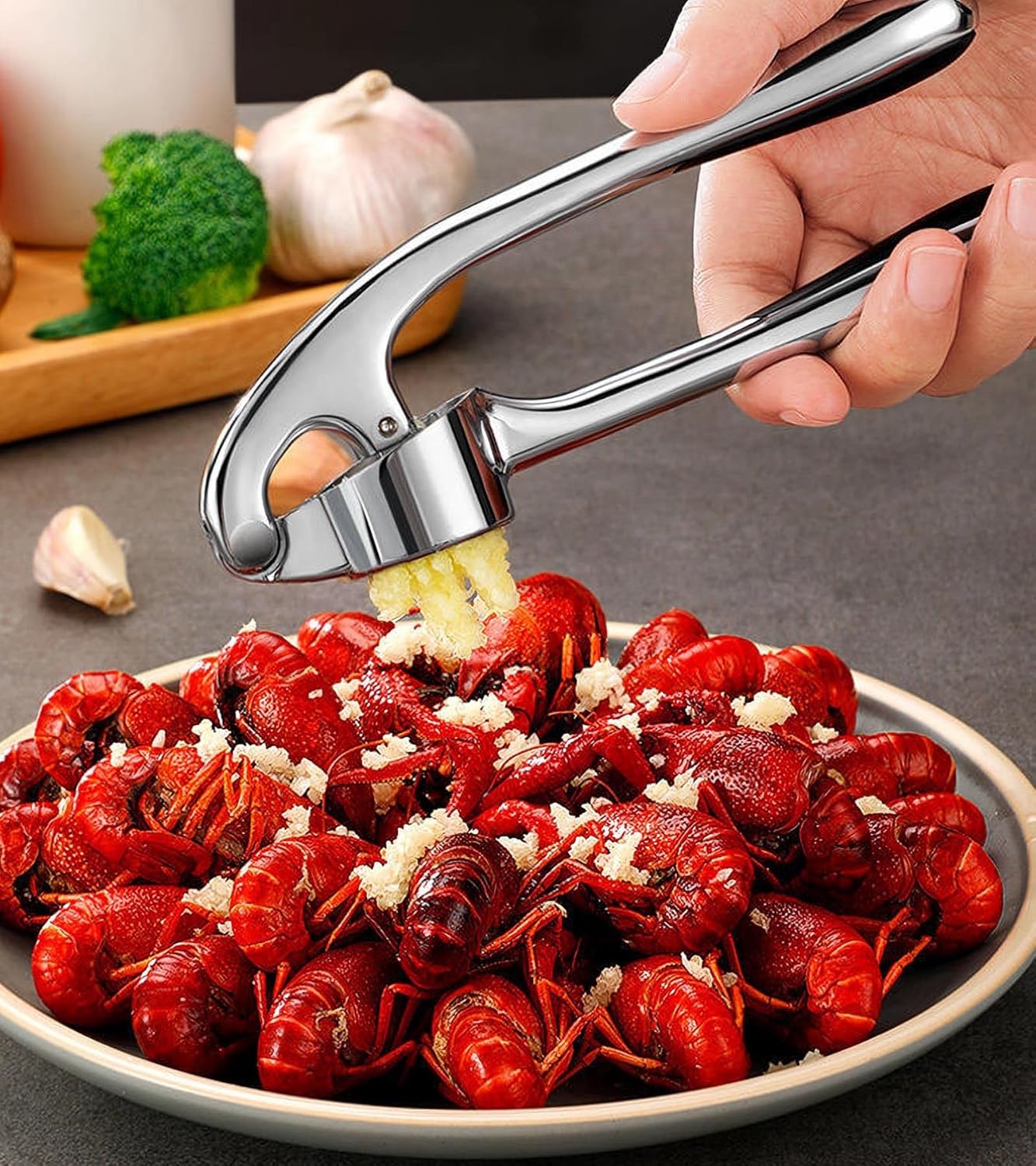 Stainless Steel Garlic Press Set w/Silicone Peeler & Brush, Heavy Duty Metal Garlic Mincer, Dishwasher Safe, Easy Clean (Regular Handle)