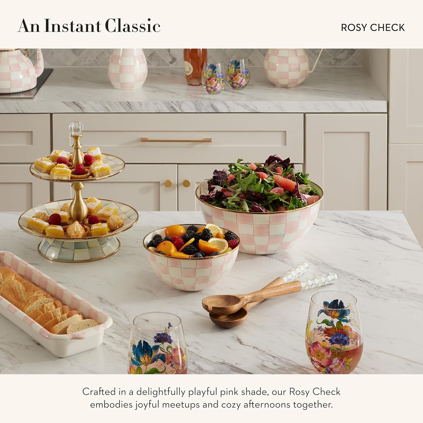 MACKENZIE-CHILDS Enamel Everyday Bowl, Serving Bowl for Entertaining, Medium, Pink-and-White Rosy Check, Set of 1