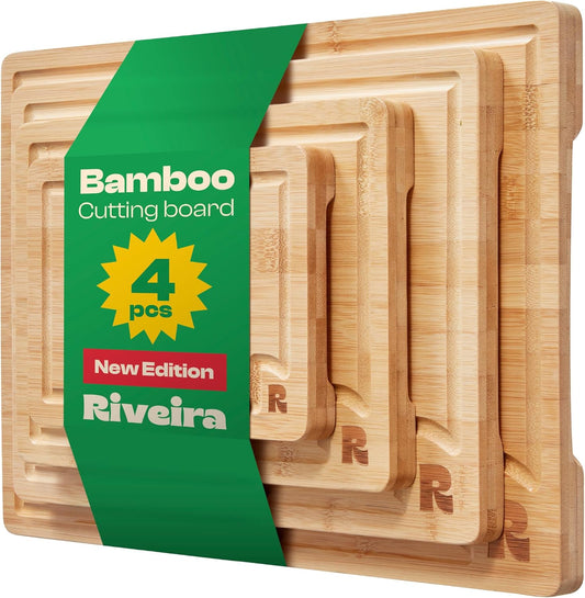 Riveira White Bamboo Wood Cutting Board – Versatile And Durable: Set Of 4 Pcs Rectangular Wooden Cutting Board – Natural Wooden Cutting Boards For Kitchen – Complete White Bamboo Wooden Chopping Board