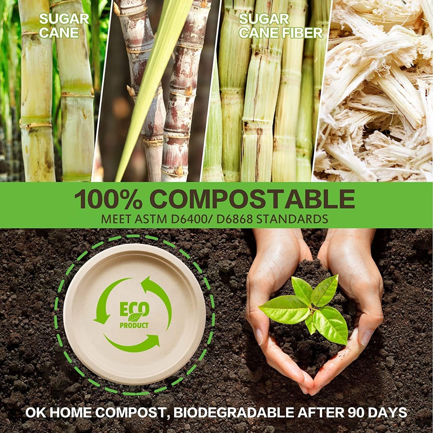Gezond 100% Compostable Paper Plates 10 Inch 125 Pack Bulk Disposable Heavy-duty Plates Natural Biodegradable Sugarcane Bagasse Plate for Party Picnic