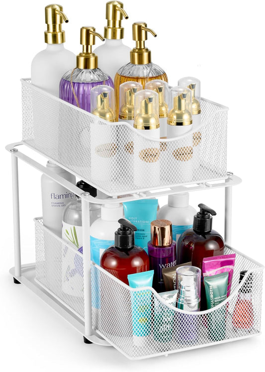 Sorbus 2 Tier Under Sink Bathroom Organizers and Storage, Strong Steel Mesh Sliding Drawers for Enhanced Bathroom Storage Ideal Bathroom Organization and Storage & Under Kitchen Sink Organizer (White)
