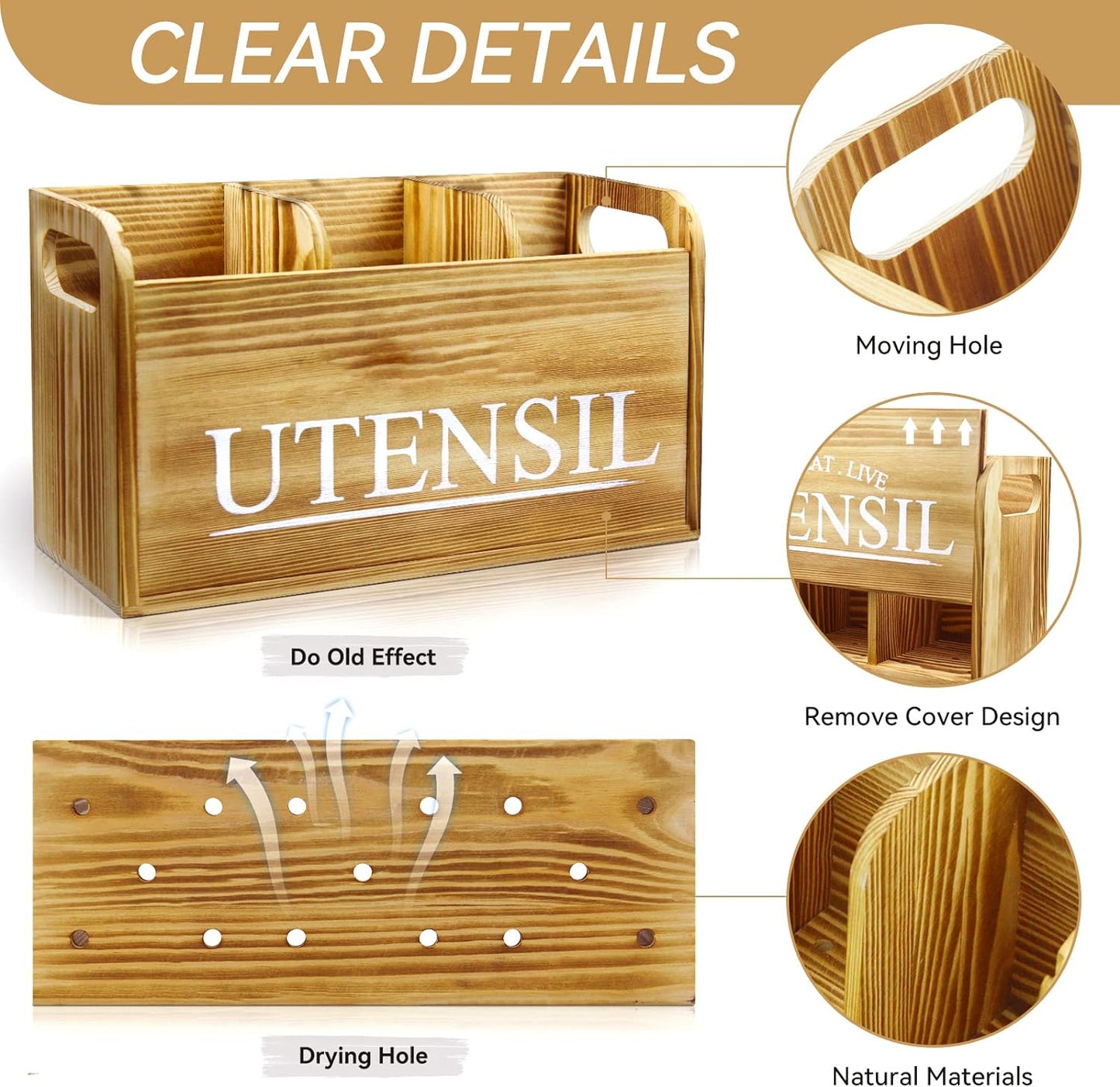 Kitchen Utensil Holder Rustic Large Wooden Utensil Organizer Cooking Tools Storage (Farmhouse Wooden)