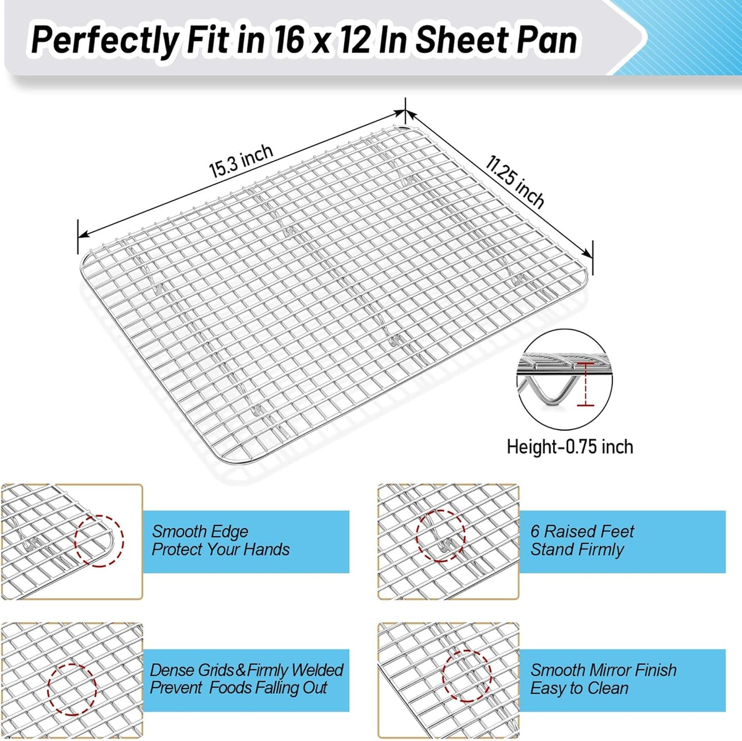 TeamFar Cookies Sheet with Rack, 16 x 12 x 1 Inch Stainless Steel Baking Sheet Tray Pans with Grid Wire Racks for Cooling Baking Roasting, Non-Toxic & Heavy Duty, Dishwasher Safe, 2 Pans + Racks