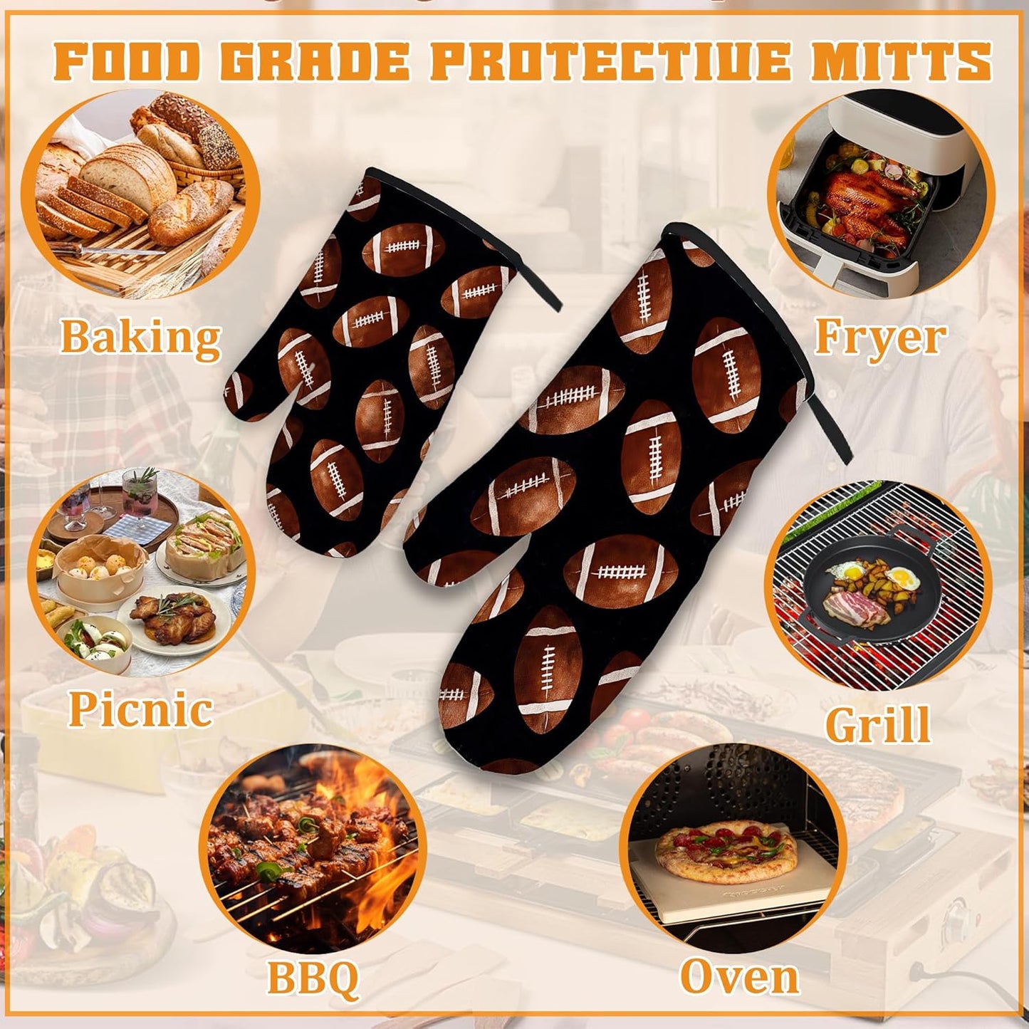 American Football Oven Mitts and Pot Holders,Heat Resistant Oven Mitts Gloves and Pot Holder for Home Kitchen Decorations Cooking Baking BBQ Gifts,Set of 4