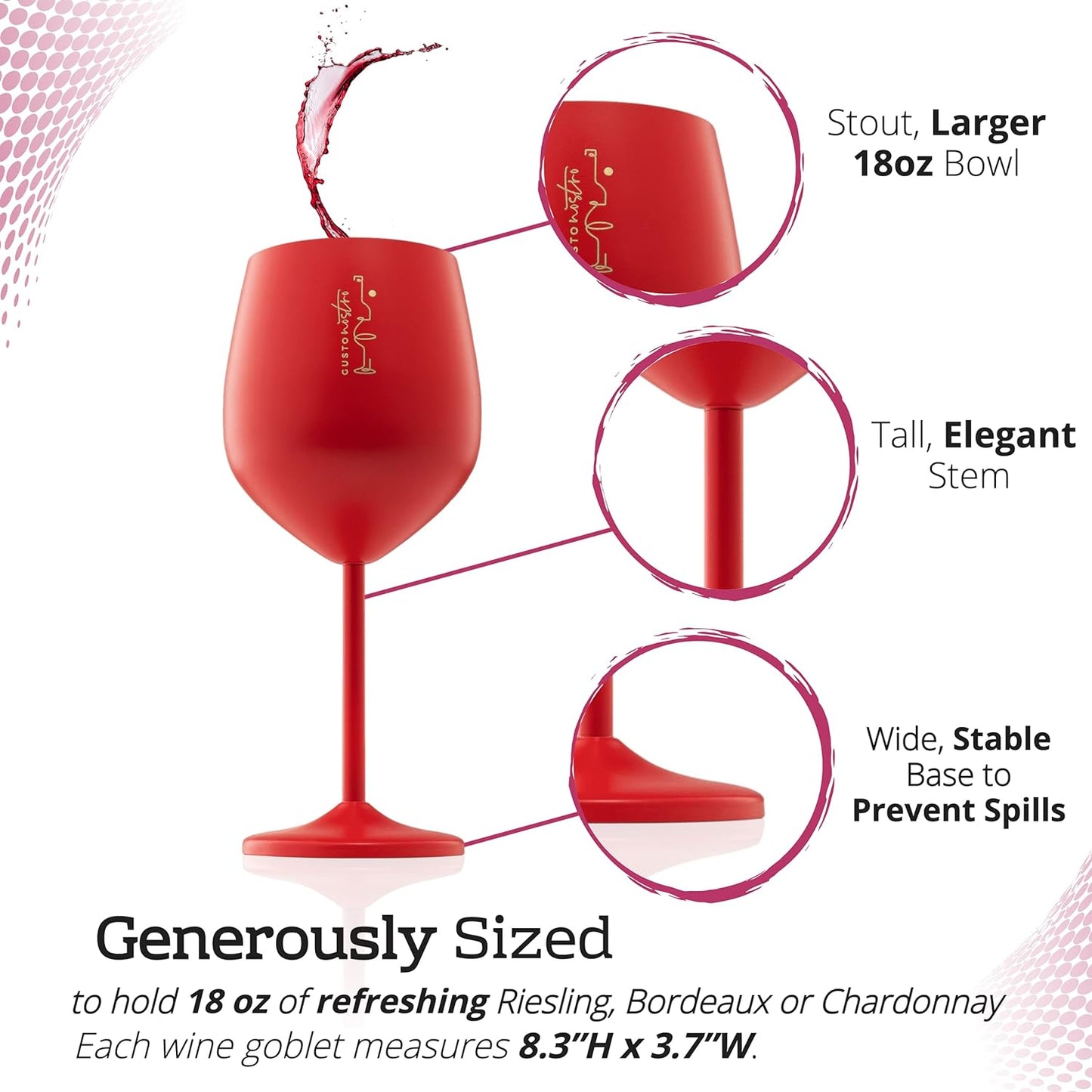 Gusto Nostro Stainless Steel Wine Glass - 18 oz - Cute, Red Unbreakable Wine Glasses for Travel, Camping and Pool - Fancy, Unique, Cool Portable Metal Wine Glass for Outdoor Events, Picnics (Set of 4)