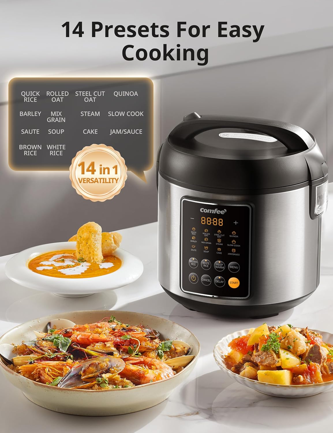 COMFEE' Rice Cooker, 14-in-1 Stainless Steel Multi Cooker, Slow Cooker, Steamer, Sauté, and Warmer, 5.3 QT, 20 Cups Cooked (10 Cups Uncooked), Brown Rice, Quinoa and Oatmeal