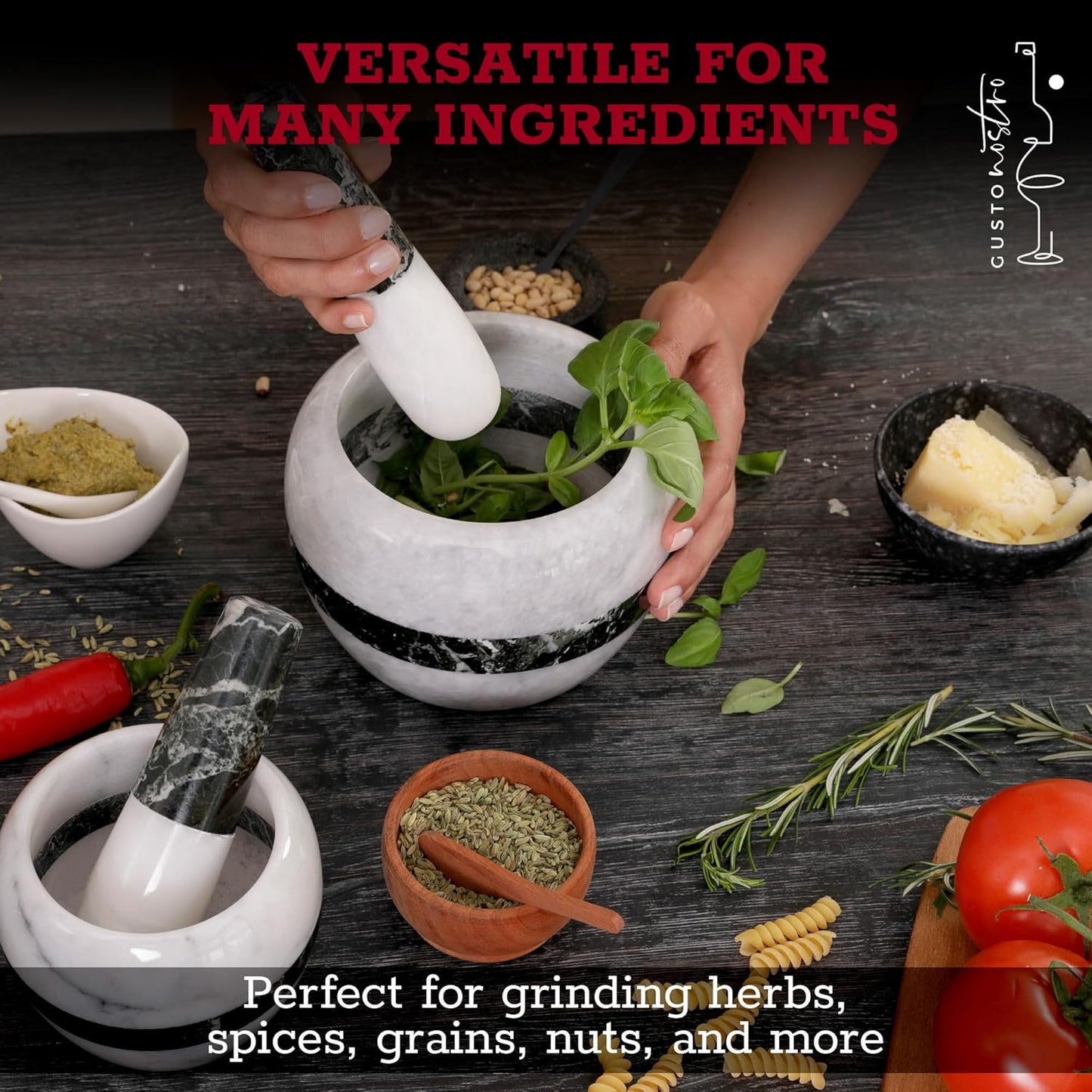 Gusto Nostro Natural Marble Mortar and Pestle Set | 6 Inch - 3.5 Cup Extra Large Mortar Pestle Set for Grinding Herbs, Nuts, Grains | Pesto Grinding and Guacamole Stone Bowl | Marble Spice Crusher