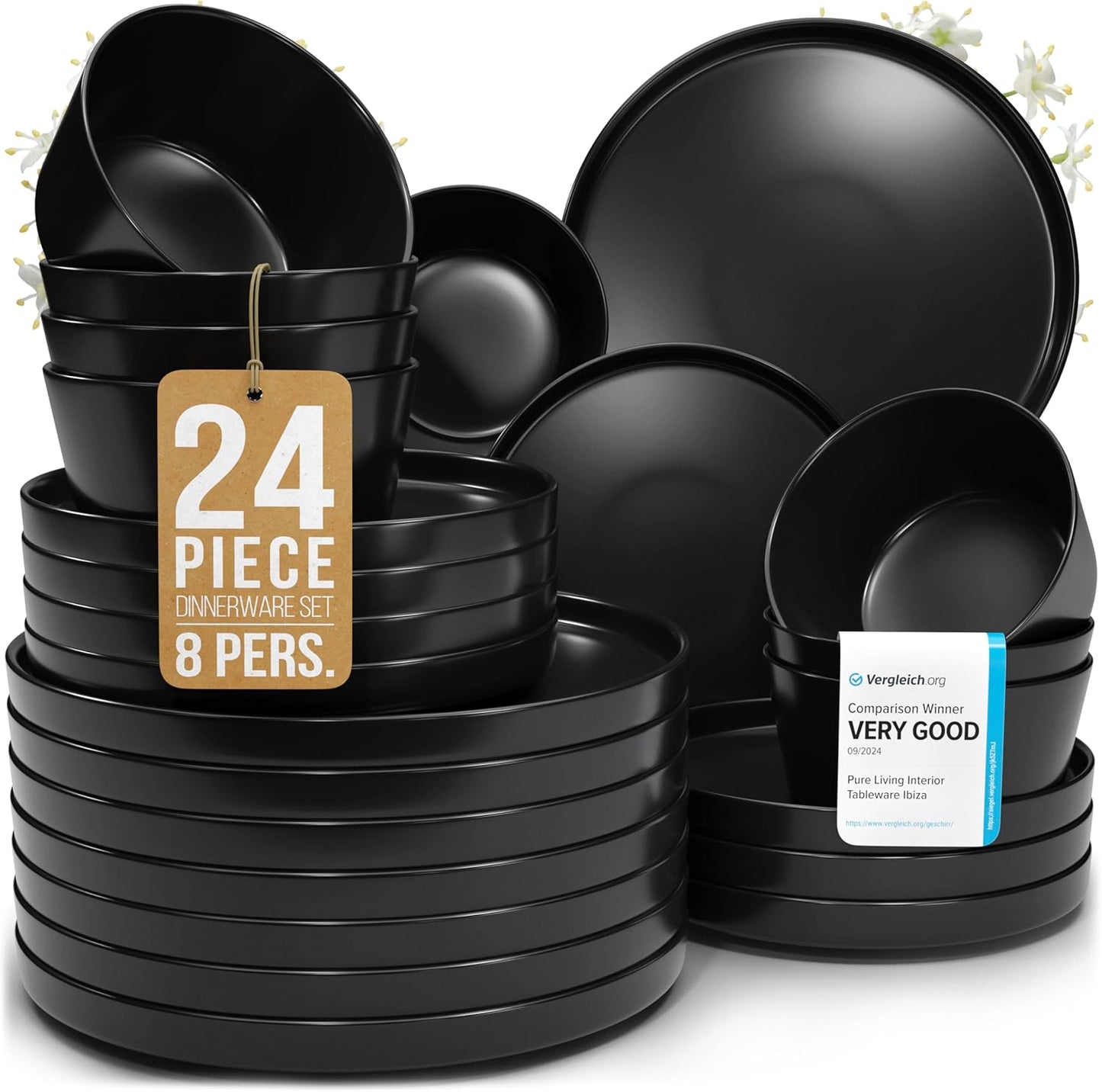 Matte Black Dinnerware Set - Ultra Chic Stoneware for 8-24pcs Plate Set - Dishwasher and Microwave Safe - Ceramic Plates and Bowls