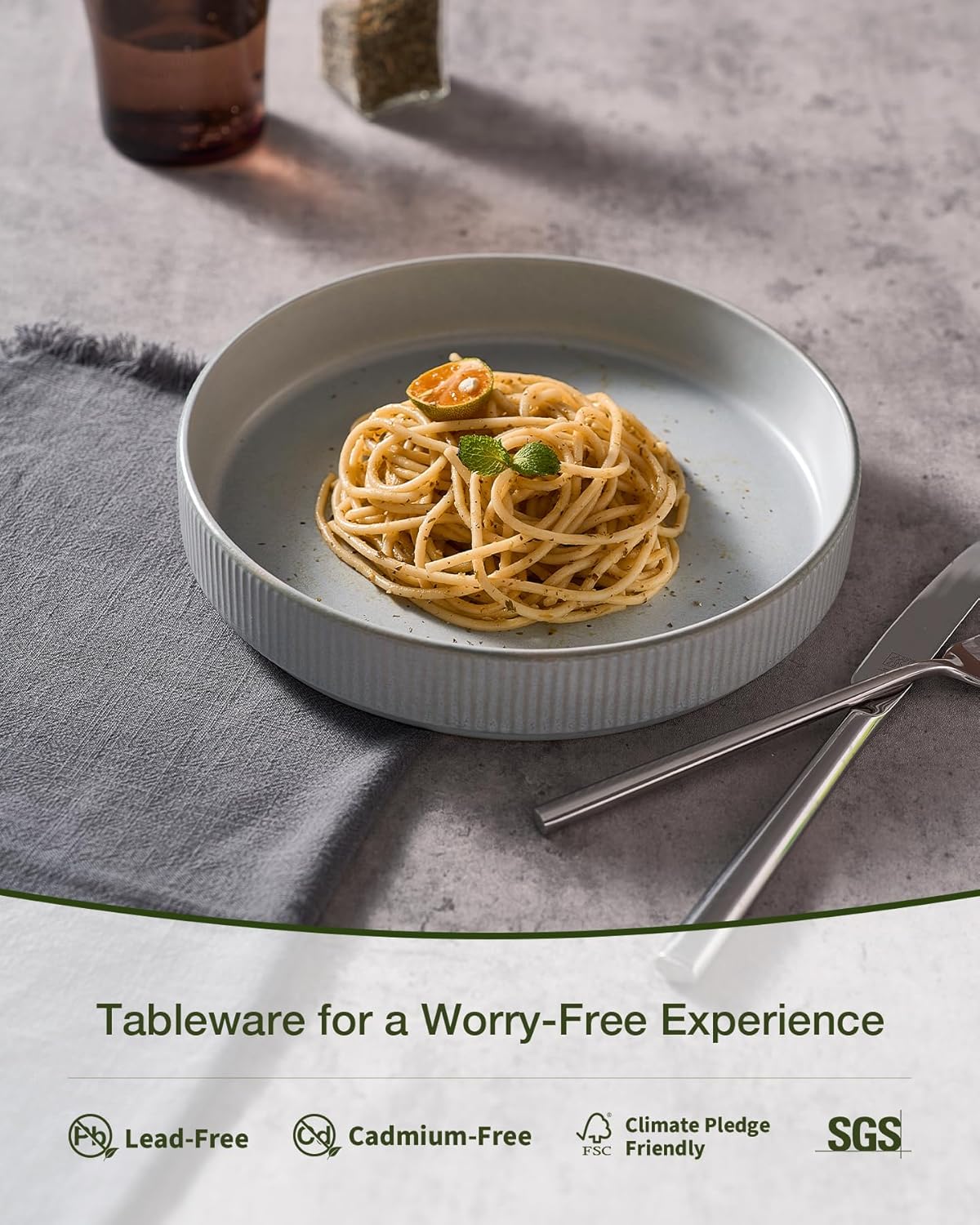 famiware Star 7.5" Pasta Bowls Set, Salad Bowl Set of 6, Double Reactive Glaze, Stackable, Perfect for Your Friend for Housewarming, Thanksgiving, Christmas, Light Gray