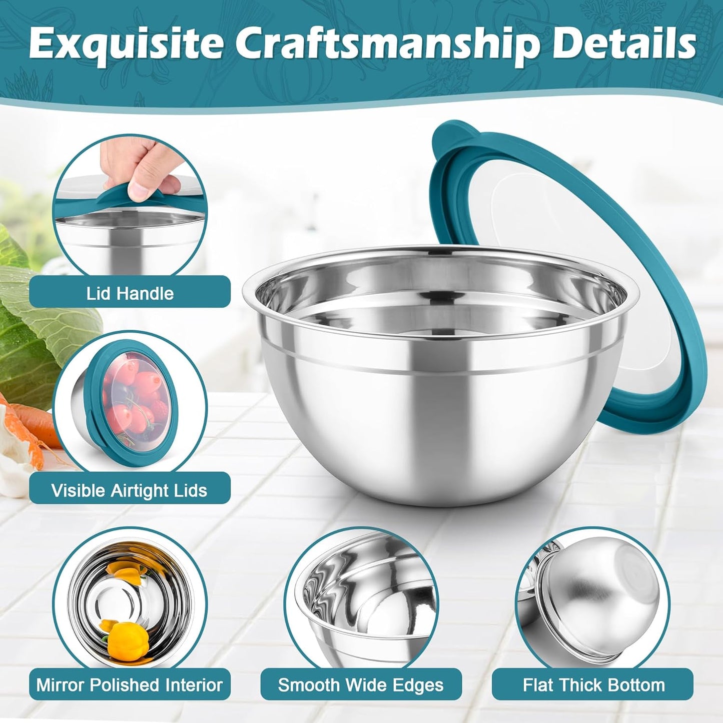 TeamFar Mixing Bowls, 3PCS Stainless Steel Serving Salad Bowls with Lids & 3 Graters, For Kitchen Mixing/Baking/Storing/Prepping, Visible & Airtight, Easy Clean - 4.5/3 / 1.5 QT, Dark Blue