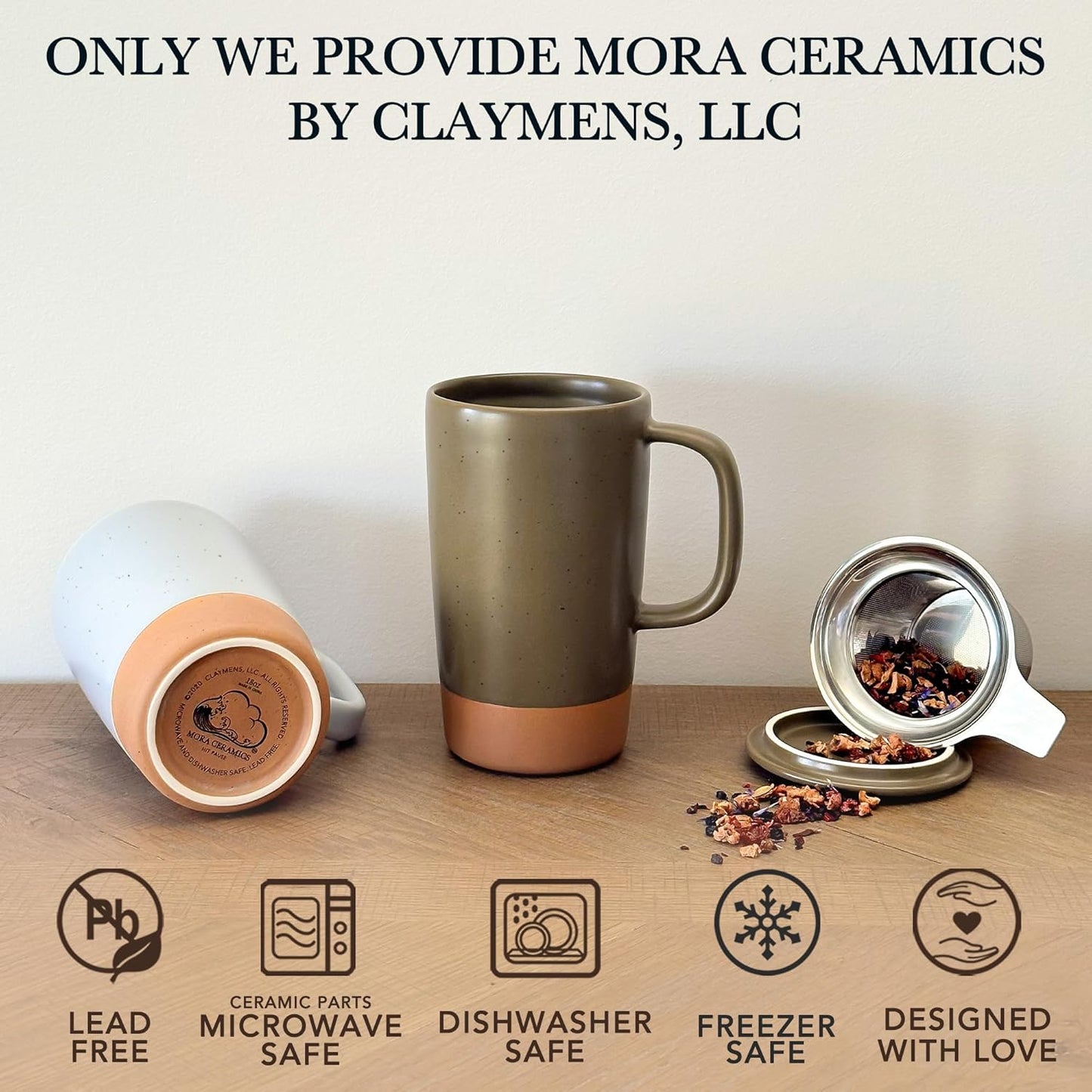 Mora Ceramics Large Tea Mug with Loose Leaf Infuser and Ceramic Lid, 18 oz, Portable, Microwave and Dishwasher Safe, Tall Coffee Cup - Rustic Matte Ceramic Glaze, Modern Herbal Tea Strainer, Olive
