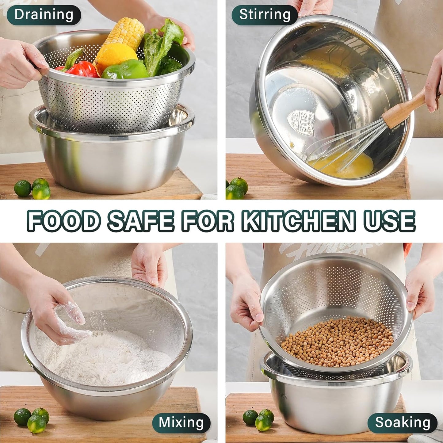 304 Stainless Steel Colander 5QT Microporous Colander & Large Bowl for Kitchen,Rice Strainer with Salad Mixing Bowl for Pasta Straining,Fruit Washing,Vegetable Draining,Food Mixing(2PCs)