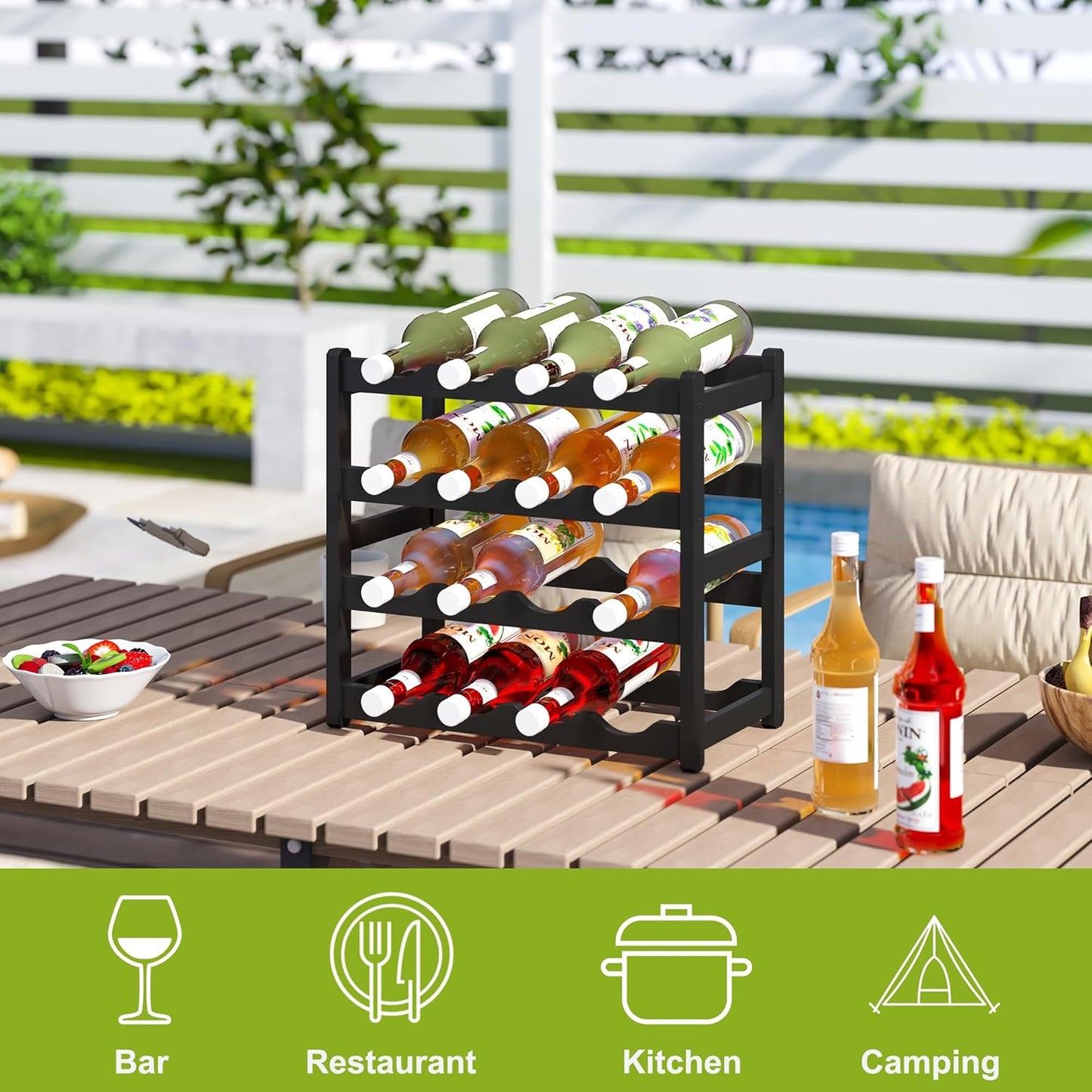 BMOSU Bamboo Wine Rack Wine Storage Cabinet Shelf 16 Bottle Wine Racks Countertop Sturdy for Kitchen Dining Room Pantry - 4 Tiers Wine Rack(Black)