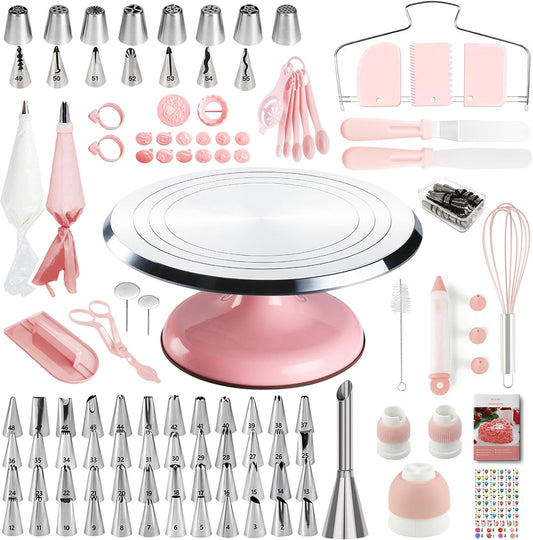 Cake Decorating Kit, 138pcs Cake Decorating Supply with 12 Inch Aluminium Cake Turntable, 64 Numbered Icing Piping Tips, 2 Spatulas, 3 Icing Comb Scraper and Leveller, Piping Bags,cake decorating tool