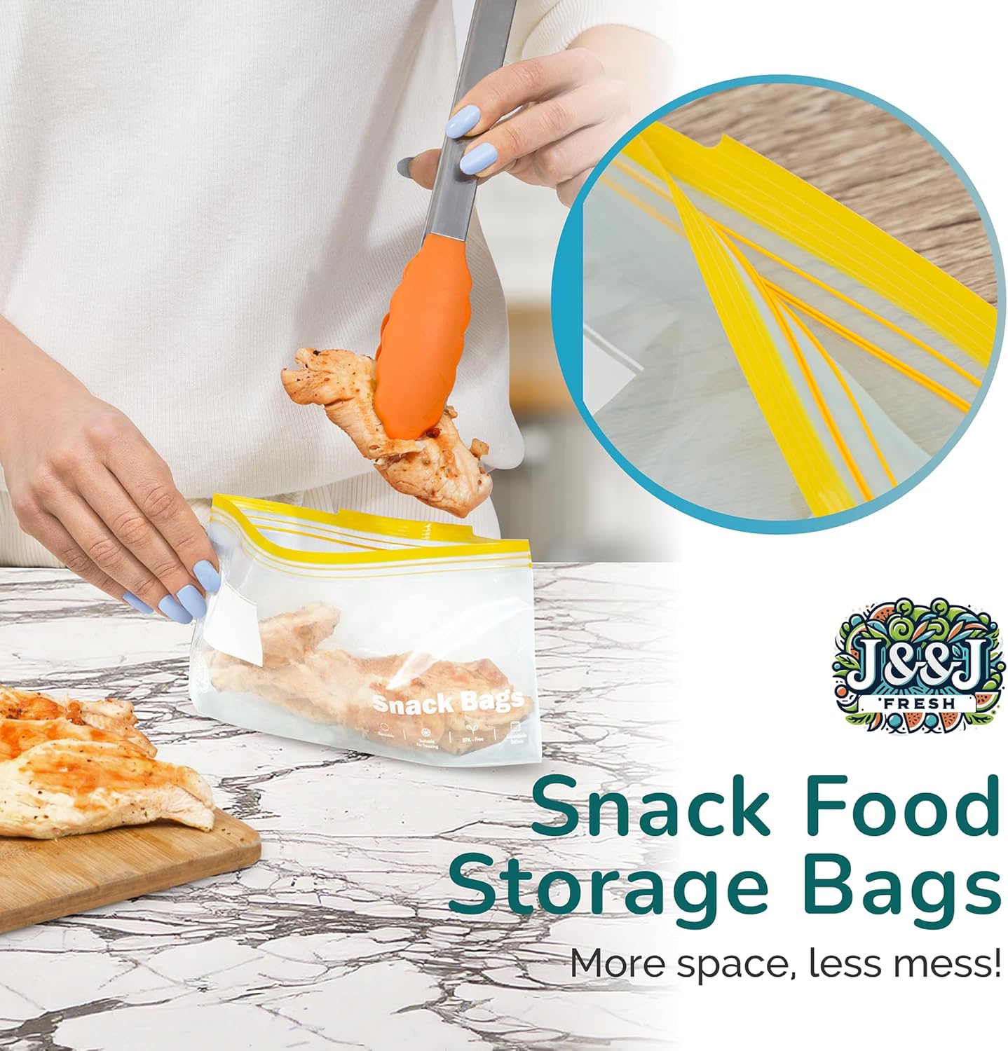 J&&J Fresh Storage Snack Bags, 50 Pack — Reusable Snack Bags, BPA-Free, Leakproof — Expandable Bottom, Microwave-Safe, Strong Zipper Lock Seal — Snack Bag for Freezer & Fridge — Durable & Washable
