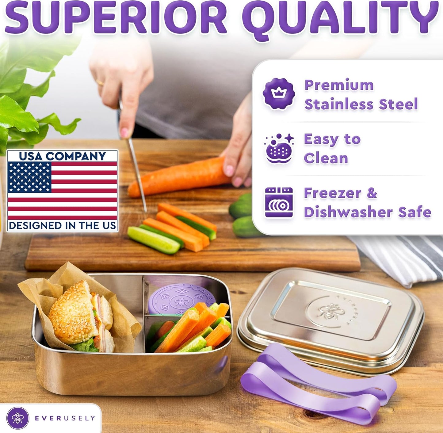 Everusely - Bento Box - Lavender, 47oz / 1.4 L - Stainless Steel Lunch Box with Leakproof Condiment Container - 3 Compartment Snack Organizer for On the Go Meals - Freezer & Dishwasher Safe