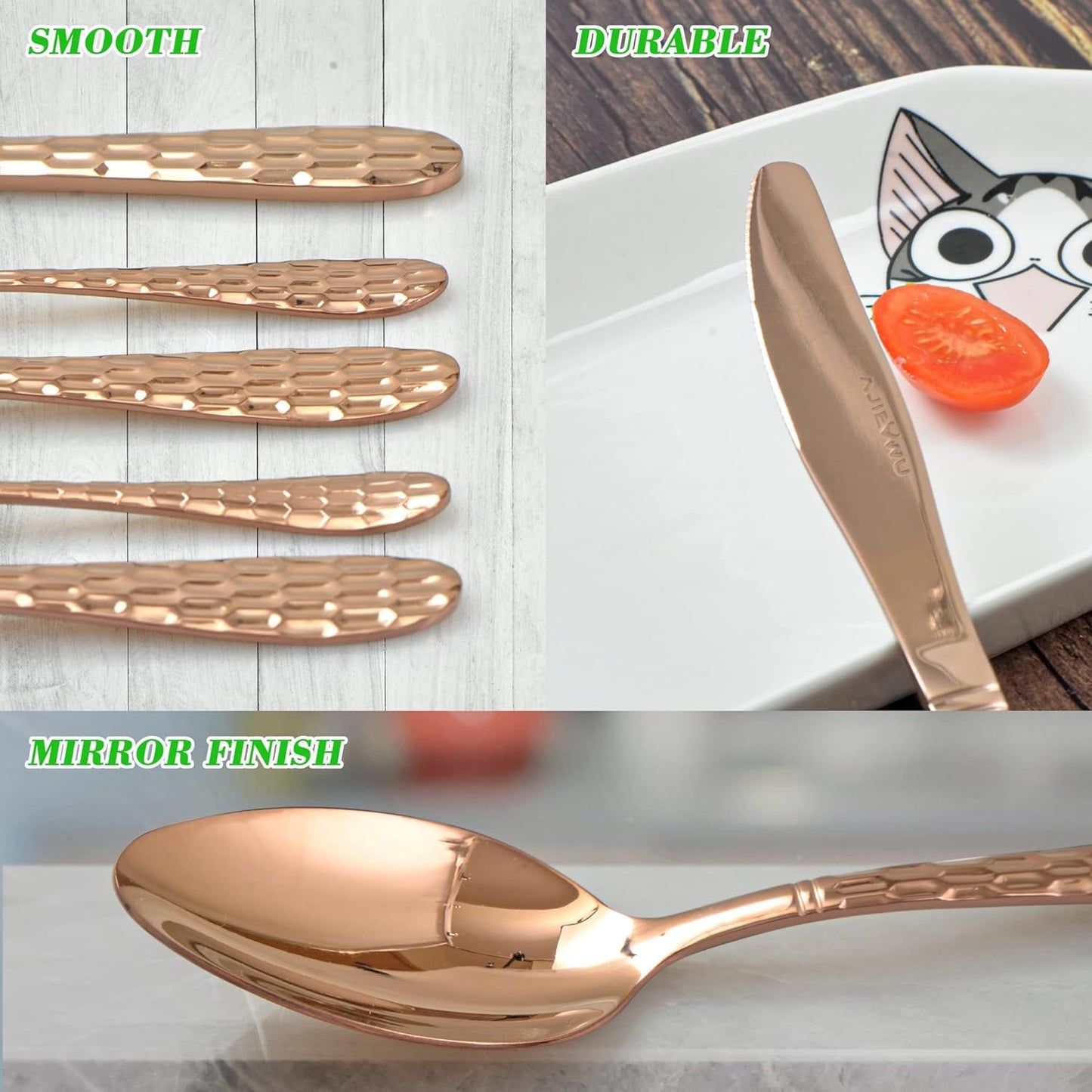 Hammered Silverware Set 20-Piece, 18/10 Stainless Steel Flatware Cutlery Silverware Set Service for 4, Unique Design Knife Fork Spoon Silverware Set, Mirror Polished,Dishwasher Safe (Rose Gold)