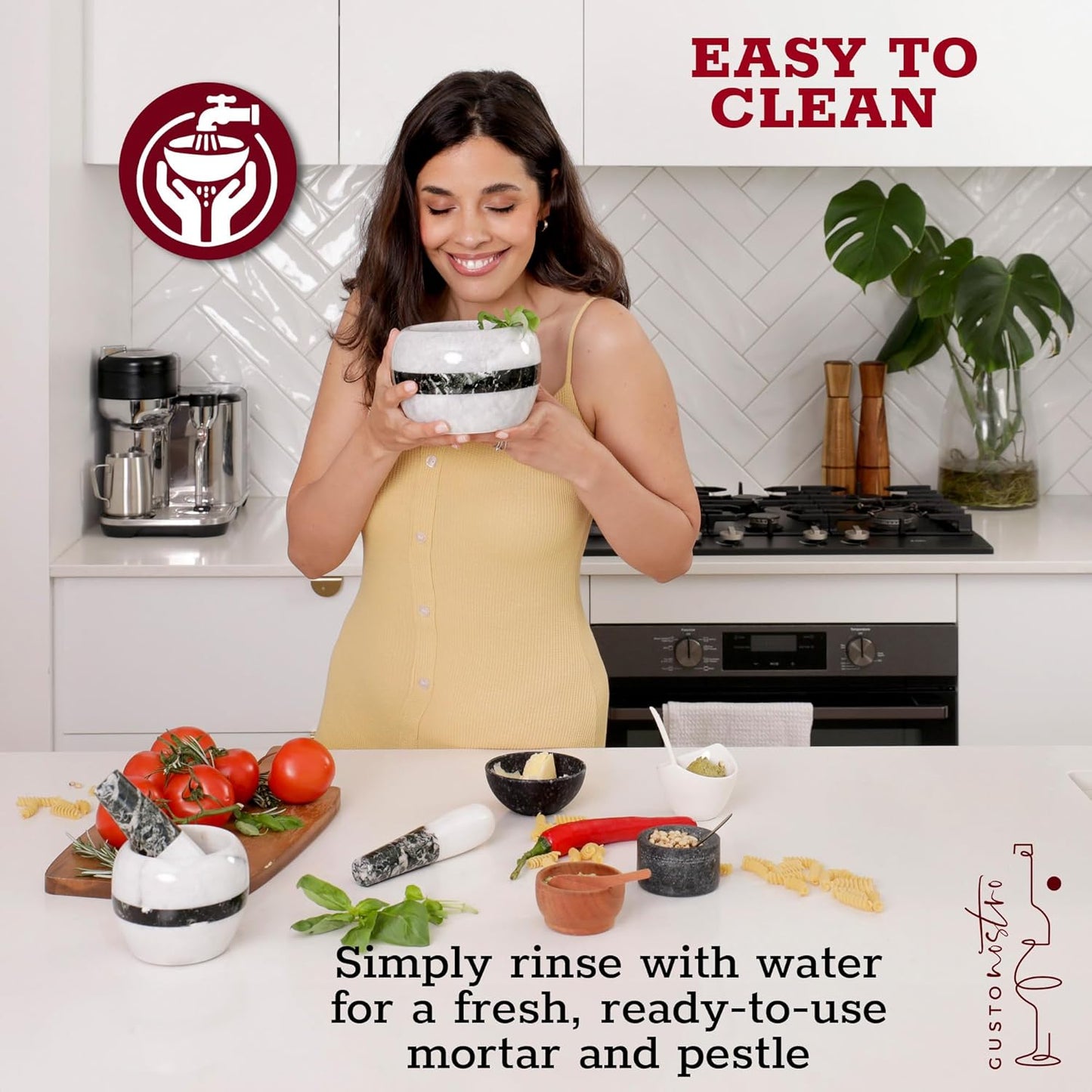 Gusto Nostro Natural Marble Mortar and Pestle Set | 5 Inch - 2.5 Cup Large Mortar Pestle Set for Grinding Herbs, Nuts, Grains | Pesto Grinding and Guacamole Stone Bowl | Marble Spice Crusher