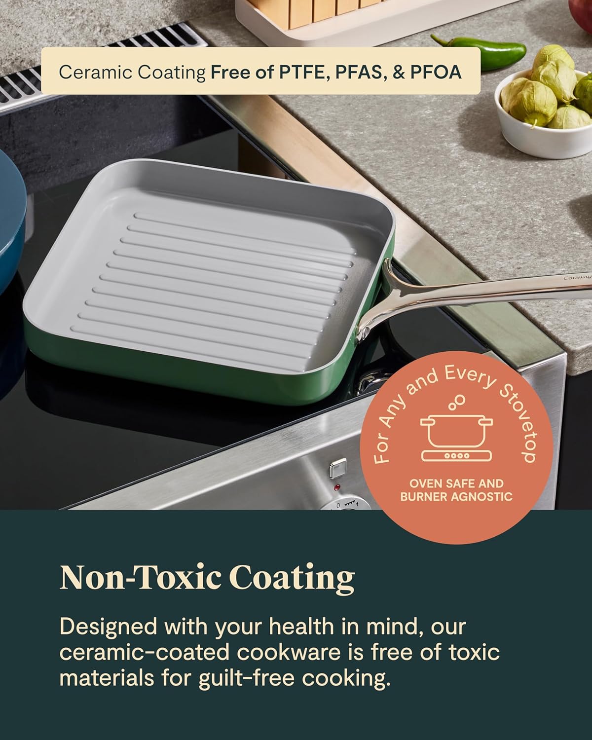 Caraway Square Grill Pan - 11” Grill Pan - Non-Stick Ceramic Coated - Non Toxic, PTFE & PFOA Free - Oven Safe & Compatible with All Stovetops - Sage