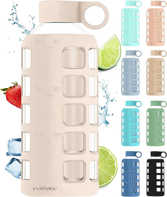 purifyou 40oz / 32oz / 22oz / 12oz Borosilicate Glass Water Bottle with Time & Volume Markers, Silicone Sleeve, Stainless Steel Lid – Reusable Glass Bottle for Water & Juice (22oz Pearled Ivory)