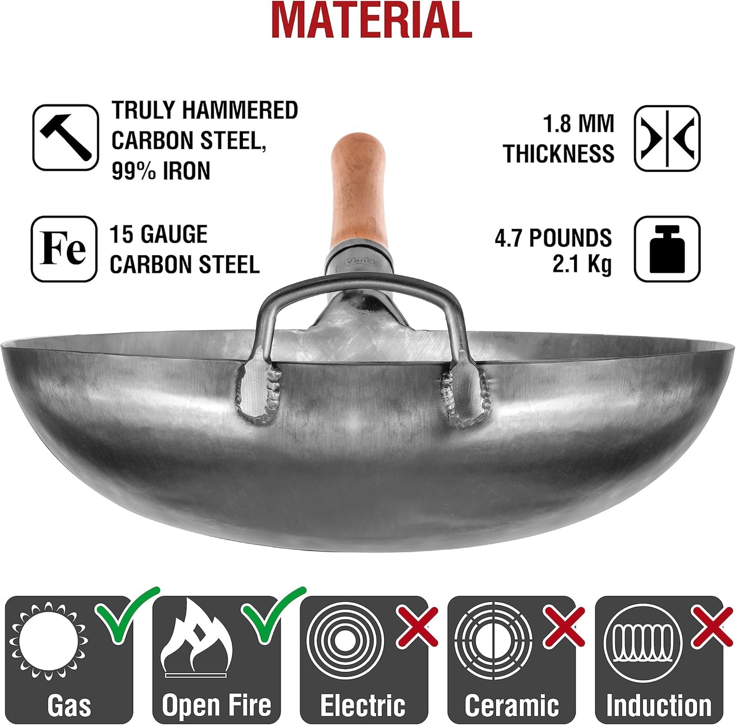 YOSUKATA 14” Round Bottom Carbon Steel Woks and Stir Fry Pans – Unseasoned Pow Wok for Stir Fry, BBQ, Grill & Camping – Hand-Hammered Traditional Japanese and Chinese Pan – Gas Stove, Open Fire Only