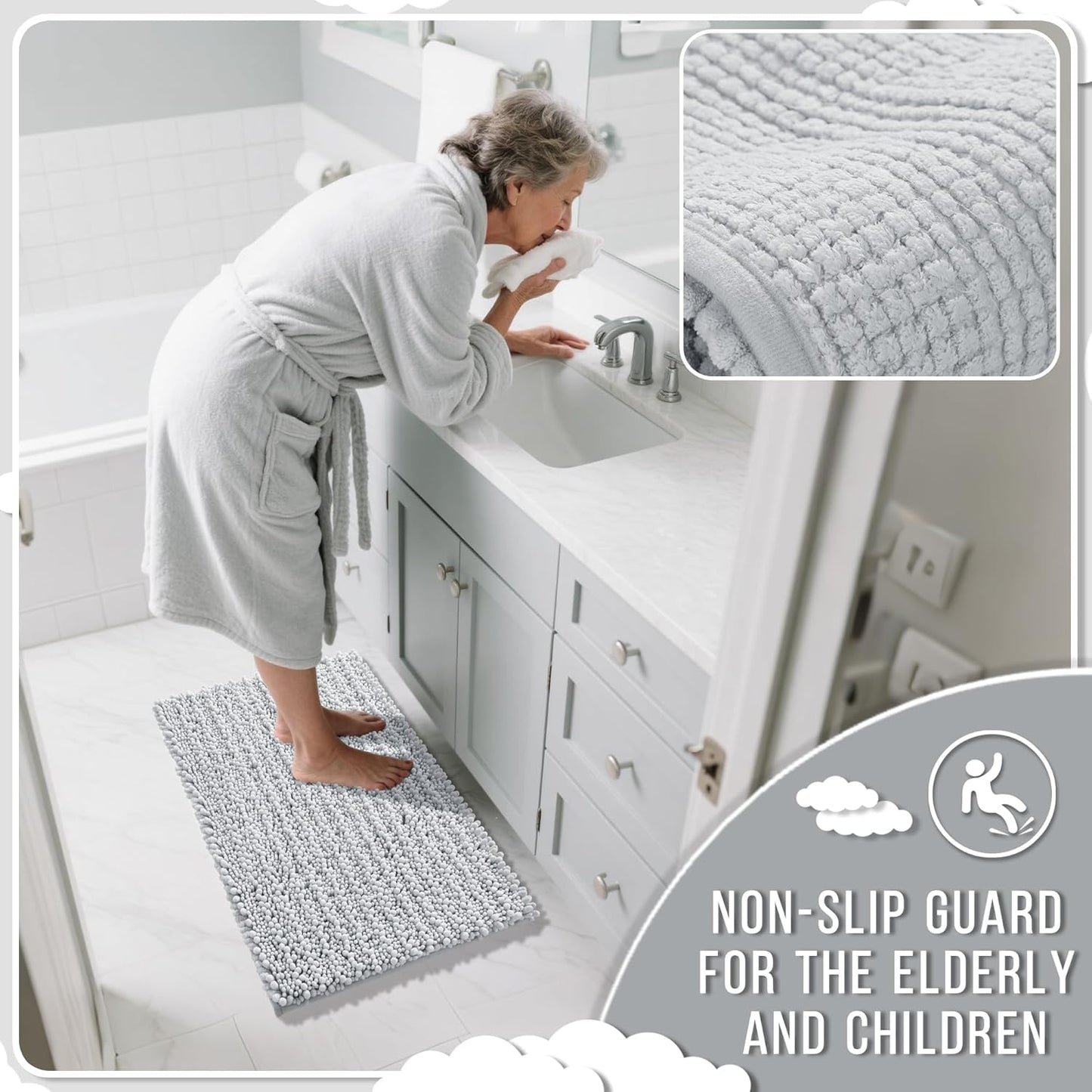 Yimobra Large Bathroom Rugs Non Slip Washable 36x24 Inch - Ultra Soft Absorbent Chenille Bath Mat, Quick Dry Shaggy Floor Carpet for Tub Shower, Silver Home Decor Accessories