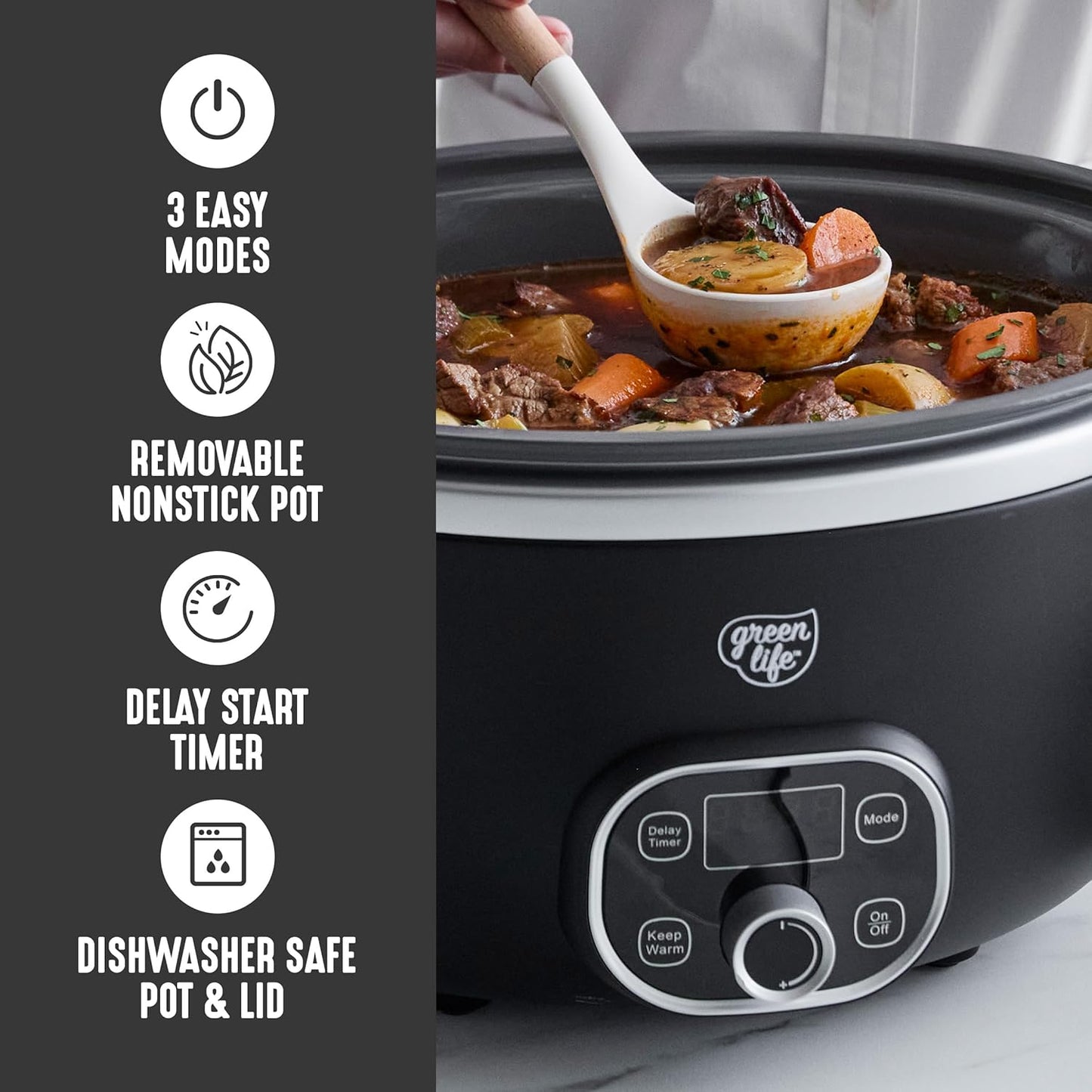 GreenLife 6QT Slow Cooker, Non-Toxic PFAS-Free Ceramic Nonstick Removable Interior Bowl, Programmable, Family Friendly, Keep Warm, Stovetop & Oven Safe, Dishwasher Safe Parts, Timer, Glass Lid, Black