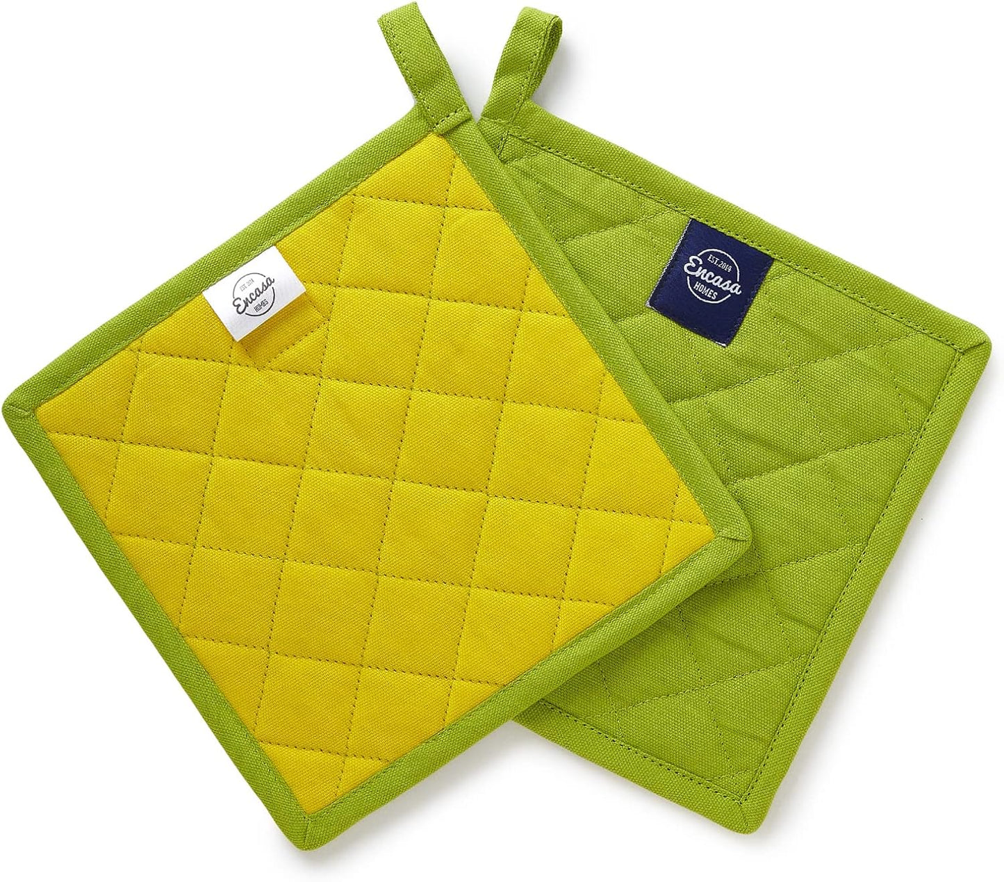 Encasa XO Heat Resistant Cotton Pot Holders with Hanging Loop - Set of 2 - Lime Green - Multipurpose Quilted Everyday Hot Pad for Kitchen, Camping, BBQ & Microwave - 8x8 in
