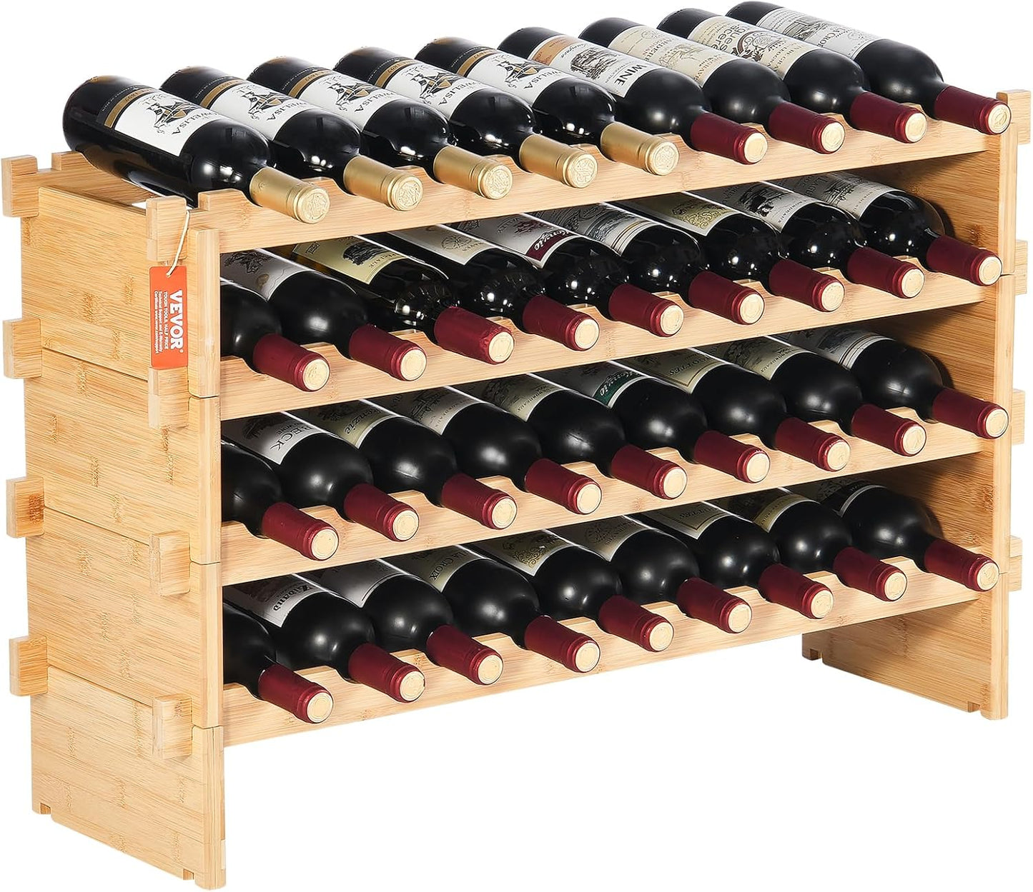 VEVOR 36 Bottle Stackable Modular Wine Rack, 4-Tier Solid Bamboo Wood Storage Racks, Floor Freestanding Wines Holder Display Shelf, Wobble-Free Shelves for Kitchen, Bar, and Cellar (Natural Color)